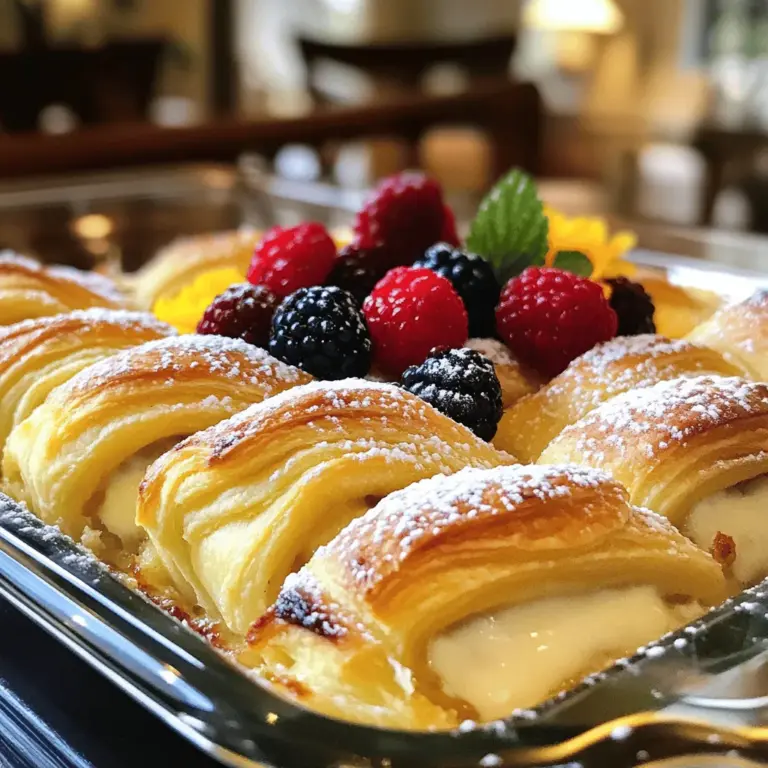 To make this cheesecake crescent rolls casserole, you need simple ingredients. Start with two cans of refrigerated crescent roll dough. This dough gives a flaky and buttery base. You also need cream cheese, sugar, and eggs for the filling. Vanilla extract and lemon juice add great flavor. Sour cream makes the filling rich and creamy.