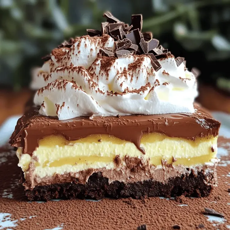 - 12 chocolate graham crackers, crushed into crumbs - 1/2 cup unsalted butter, melted - 1 cup powdered sugar - 1 package (8 oz) cream cheese, softened - 1 cup heavy whipping cream - 1/2 cup semi-sweet chocolate chips, melted - 1 cup milk - 1 package (3.9 oz) instant chocolate pudding mix - 1 cup whipped topping (like Cool Whip) - Chocolate shavings or cocoa powder for garnish When I make chocolate lasagna, I love using fresh ingredients. The chocolate graham crackers form a tasty base. Crushed fine, they mix well with melted butter. This step creates a solid crust. I often press it firmly into the bottom of the dish. This ensures it holds up well when serving. Next, I use cream cheese for a rich layer. Be sure to let it soften first. Mixing it with powdered sugar gives a sweet flavor. Adding whipped topping makes this layer light and fluffy. It spreads easily over the chocolate crust. For the chocolate pudding layer, I whisk the pudding mix with milk. It thickens quickly, making it easy to spread. This layer adds a creamy texture. I like to use instant pudding for ease. Finally, I top the pudding with more whipped topping. This adds a nice contrast and a delightful look. Drizzling melted chocolate chips on top is the finishing touch. You can swirl it or leave it as is. Don't forget to chill your chocolate lasagna! This helps the layers set and flavors blend. After a few hours in the fridge, it’s ready to serve. Before you cut it, sprinkle some chocolate shavings or cocoa powder on top. It looks amazing and tastes even better. For the full recipe, check out the detailed instructions above. To start, gather your ingredients. Mix crushed chocolate graham crackers and melted butter in a bowl. Stir until all crumbs are coated. Next, press this mixture firmly into the bottom of a 9x13 inch baking dish. This forms a solid base for your chocolate lasagna. In another bowl, beat together softened cream cheese and powdered sugar until the mixture is smooth. This step is key for a creamy texture. After that, fold in the whipped topping gently. Spread this layer evenly over the crust. This adds a rich, creamy contrast to the crunchy crust. Now, whisk the instant chocolate pudding mix with milk for about two minutes. You want it to thicken nicely. Once thickened, spread this pudding mixture evenly over the cream cheese layer. It brings a delightful chocolate flavor to the dessert. After the pudding layer, it’s time for the whipped topping. Spread a generous layer over the pudding. This gives your chocolate lasagna a light and fluffy finish. Be sure to cover it evenly for a nice look. Next, melt semi-sweet chocolate chips in the microwave. Drizzle this melted chocolate over the whipped topping. You can swirl it a bit if you like. This adds a beautiful touch and rich flavor to your dessert. Finally, cover your baking dish with plastic wrap. Refrigerate it for at least four hours, or overnight if you can wait. This helps the layers set up nicely. Before serving, you can garnish with chocolate shavings or a sprinkle of cocoa powder. Cut into squares and enjoy your easy chocolate lasagna! For the full recipe, refer to the main section above. - Use room temperature ingredients for better mixing. This helps make your layers smooth and creamy. - Ensure proper chilling time for optimal layering. Letting it chill for at least 4 hours helps flavors blend well. - Not pressing the crust firmly enough can lead to a crumbly base. Make sure you press it down well. - Skipping the chilling step means your layers won’t set. Always wait for it to chill fully before serving. - 9x13 inch baking dish for the perfect shape and size. - Mixing bowls and whisk for easy preparation. These tools help you mix and layer your ingredients smoothly. For the complete details on making this delight, refer to the Full Recipe. {{image_2}} You can change up the taste of your chocolate lasagna. Try using vanilla pudding instead of chocolate pudding. This swap gives a lighter flavor that still pairs well with chocolate. If you want something fresh, add mint extract to the cream cheese layer. This adds a cool twist that can surprise your taste buds. For some texture, think about adding crunch to your dessert. You can mix in crushed nuts or toffee bits between the layers. This not only enhances the flavor but also gives a nice contrast to the creaminess. Choose your favorite nuts, like pecans or walnuts, to elevate each bite. If you have dietary needs, you can still enjoy this treat. For a vegan version, use dairy-free cream cheese instead of regular cream cheese. This simple switch keeps the taste rich without dairy. You can also replace the whipped topping with coconut cream. This gives a light and creamy feel while adding a subtle coconut flavor. Try these variations to make the chocolate lasagna your own! For the complete recipe, check out the Full Recipe section. To keep your chocolate lasagna fresh, place it in an airtight container. This helps keep it from drying out. Store it in the refrigerator. It will stay tasty and ready to enjoy later. You can freeze chocolate lasagna for longer storage. However, I recommend enjoying it fresh for the best flavor. Freezing can change the texture. If you freeze it, wrap it well to prevent freezer burn. Chocolate lasagna typically lasts 3-5 days in the refrigerator. After that, it may not taste as good. Always check for any signs of spoilage before eating. Enjoy it while it's fresh for the best experience! Chocolate lasagna is a no-bake dessert. It has layers of cream cheese, pudding, and chocolate. You start with a crunchy crust made from chocolate graham crackers. Then, you add a creamy layer of sweetened cream cheese. Next comes a layer of rich chocolate pudding. Finally, you top it all with whipped cream and chocolate drizzle. This dessert is cool, creamy, and oh-so-delicious! Yes, you can make chocolate lasagna ahead of time. In fact, it’s best made the day before you want to serve it. This gives the layers time to set and the flavors to meld. Just cover it with plastic wrap and keep it in the fridge. When you’re ready, it will be nice and chilled for serving. Chocolate lasagna can fit some special diets. You can use gluten-free graham crackers to make it gluten-free. For dairy-free options, try using dairy-free cream cheese and whipped topping. Always read labels to be sure. This way, everyone can enjoy this treat! You will know your chocolate lasagna is set when it feels firm to the touch. When you cut into it, the layers should stay defined. If it jiggles too much, it needs more time in the fridge. You want it to hold its shape for a perfect slice! In this post, we explored how to make delicious chocolate lasagna. We discussed the key ingredients, step-by-step instructions, tips for perfection, and creative variations. Remember, using room temperature ingredients helps create a better mix. Also, chilling the dessert is key for tasty layers. Chocolate lasagna is not just a treat; it’s a crowd-pleaser for all occasions. You can adapt it to fit dietary needs and make it your own. Enjoy creating this easy and satisfying dessert!