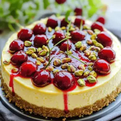 To make this tasty cheesecake, you need some key items. Here’s the list: - 1 ½ cups crushed graham crackers - ½ cup unsalted butter, melted - 1 tablespoon sugar - 16 oz cream cheese, softened - ¾ cup granulated sugar - 1 teaspoon vanilla extract - 2 large eggs - 1 cup sour cream - 1 cup fresh cherries, pitted and halved - ½ cup pistachios, chopped (reserve some for garnish) - 2 tablespoons cherry jam