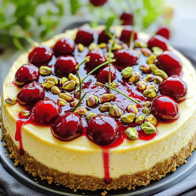 To make this tasty cheesecake, you need some key items. Here’s the list: - 1 ½ cups crushed graham crackers - ½ cup unsalted butter, melted - 1 tablespoon sugar - 16 oz cream cheese, softened - ¾ cup granulated sugar - 1 teaspoon vanilla extract - 2 large eggs - 1 cup sour cream - 1 cup fresh cherries, pitted and halved - ½ cup pistachios, chopped (reserve some for garnish) - 2 tablespoons cherry jam