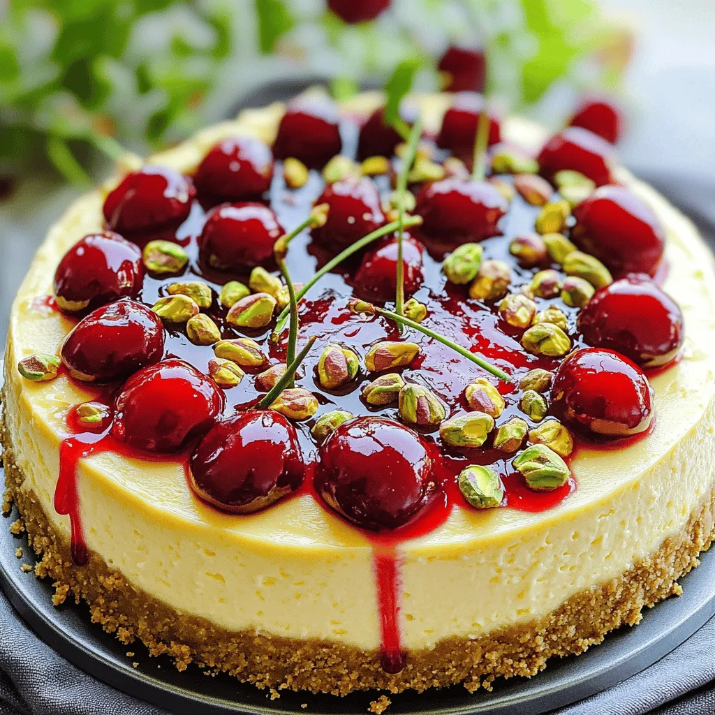 To make this tasty cheesecake, you need some key items. Here’s the list: - 1 ½ cups crushed graham crackers - ½ cup unsalted butter, melted - 1 tablespoon sugar - 16 oz cream cheese, softened - ¾ cup granulated sugar - 1 teaspoon vanilla extract - 2 large eggs - 1 cup sour cream - 1 cup fresh cherries, pitted and halved - ½ cup pistachios, chopped (reserve some for garnish) - 2 tablespoons cherry jam