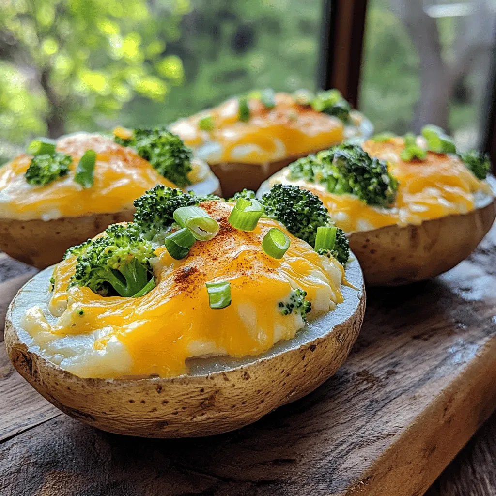 - 4 large russet potatoes - 2 cups fresh broccoli florets, chopped - 1 cup sharp cheddar cheese, shredded - 1/2 cup sour cream - 1/4 cup cream cheese, softened - 3 tablespoons butter - 2 green onions, finely sliced - Salt and pepper to taste - 1/2 teaspoon garlic powder - 1/2 teaspoon smoked paprika (optional) - Extra cheddar cheese for topping