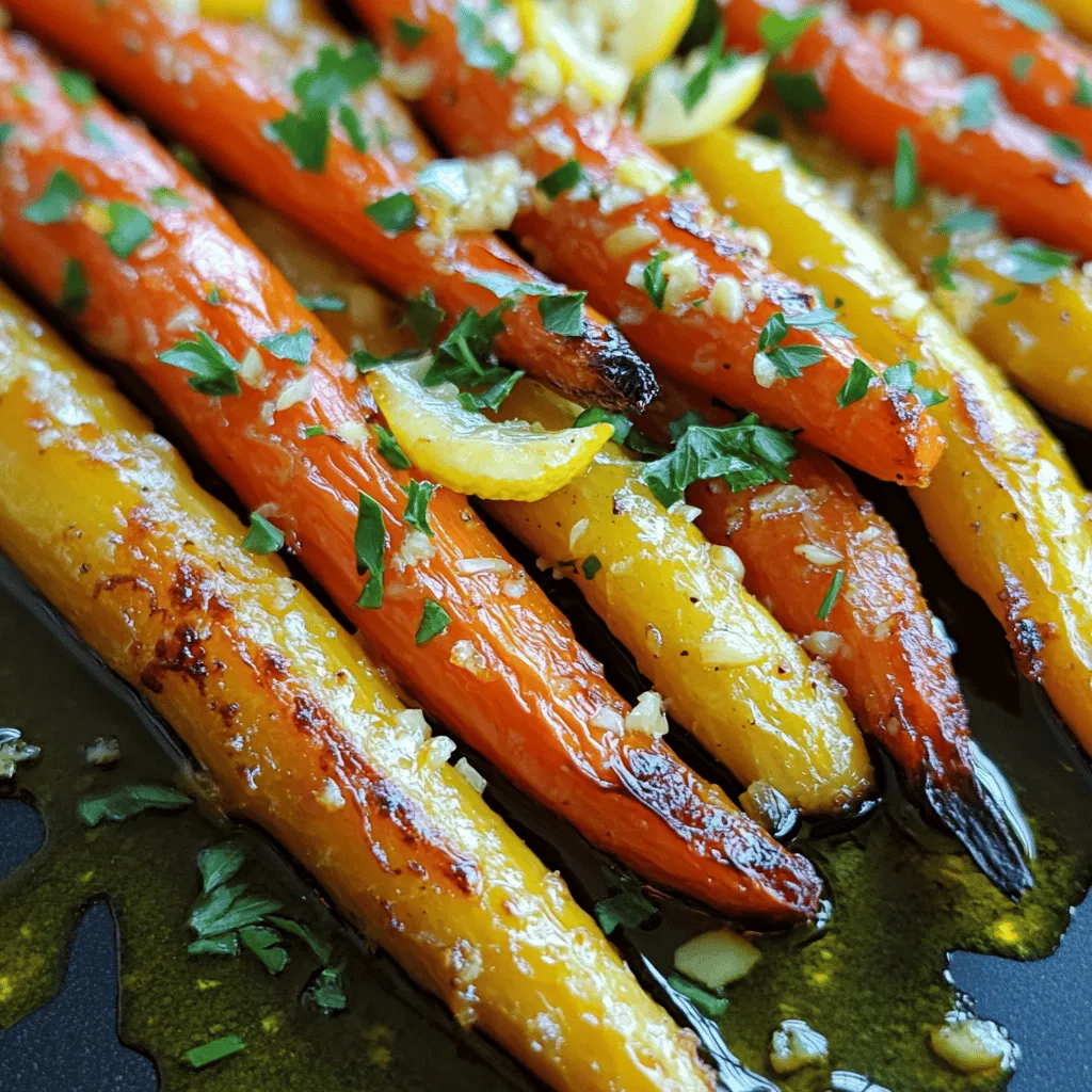 To create Tangy Lemon Garlic Roasted Carrots, you will need a few fresh items. Each ingredient plays a key role in bringing flavor and texture to the dish. - Baby carrots or regular carrots - Olive oil - Garlic - Lemon zest and juice - Honey - Dried thyme - Salt and pepper - Fresh parsley for garnish Using baby carrots gives you a sweet crunch. If you opt for regular carrots, just peel and cut them into sticks. The olive oil helps to roast the carrots perfectly. Garlic adds a rich flavor, while lemon zest and juice bring a bright tang. Honey balances the tartness with sweetness. Dried thyme adds a lovely herbal note. You can adjust the salt and pepper to suit your taste. Finally, fresh parsley makes a beautiful garnish, adding color and freshness. These ingredients come together to make a side dish that is both simple and delicious. You can find the full recipe to enjoy this dish at home. 1. Preheating the oven: Start by preheating your oven to 425°F (220°C). This high heat helps the carrots get tender and caramelized. 2. Preparing the tangy mixture: In a large bowl, mix 3 tablespoons of olive oil, 4 minced garlic cloves, the zest and juice of 1 lemon, 1 teaspoon of honey, 1 teaspoon of dried thyme, and salt and pepper. Whisk everything together until it blends well. The mixture should smell fresh and bright. 3. Tossing carrots with the mixture: Add 1 pound of baby carrots to the bowl. Toss them well to coat every carrot with the tangy mixture. Make sure each carrot is covered, so they soak up all that great flavor. 1. Spacing carrots on the baking sheet: Line a baking sheet with parchment paper for easy cleanup. Spread the coated carrots in a single layer. Give them space so they roast evenly. 2. Roasting duration and technique: Place the baking sheet in the oven and roast the carrots for 25-30 minutes. Toss the carrots halfway through. This helps them cook evenly and get caramelized on all sides. 3. Cooling and garnishing: Once the carrots are tender, take them out of the oven. Let them cool slightly. For a fresh touch, drizzle a little more lemon juice on top. Sprinkle with fresh parsley for a pop of color and flavor. For the complete recipe, check out the [Full Recipe]. - Ensuring even cooking: Spread the carrots in one layer. This helps them cook the same. If they overlap, some may not roast well. Toss the carrots halfway through to help them brown evenly. - Achieving optimal caramelization: Use a high oven temperature, like 425°F (220°C). This helps the sugars in the carrots caramelize. The result is a sweet, tasty glaze that makes each bite special. - Adjusting seasoning to taste: Start with the recipe's salt and pepper. Taste the carrots before serving. You can always add more salt or pepper if you want it bolder. - Substituting herbs: If you want a twist, try rosemary or oregano instead of thyme. Each herb adds its own unique flavor. Experiment to find what you love most. - Adding spices: Think about adding a pinch of cumin or paprika. These spices can give the dish a warm kick. Just a little will change the taste in a good way. - Modifying the honey component: You can swap honey with maple syrup for a different sweetness. This change adds a new layer of flavor. Adjust the amount to fit your taste. For the full recipe, check out the recipe section above! {{image_2}} You can switch up the carrots for other root veggies. Try using parsnips, sweet potatoes, or beets. Each one gives a unique taste and texture. These veggies roast well and soak up the tangy lemon garlic flavor. You can also explore seasonal produce. In spring, use baby turnips or radishes. In the fall, try butternut squash. Each season brings new colors and flavors to your plate. To make the dish more exciting, consider adding spices. Cumin gives a warm, earthy note. Paprika adds a smoky kick. A pinch of chili powder can spice things up too. You can also experiment with different citrus fruits. Try using lime or orange juice and zest. Each fruit brings its own bright twist to the dish. Mix and match to find your favorite flavor combo. You can find the full recipe for Tangy Lemon Garlic Roasted Carrots to start your culinary adventure! To keep your Tangy Lemon Garlic Roasted Carrots fresh, place them in the fridge. Use an airtight container to prevent moisture loss. Make sure to label the container with the date. This way, you know when to eat them. They can last up to four days in the fridge. When you want to enjoy your leftovers, reheating is key. You can use either the oven or microwave. For the oven, preheat it to 350°F (175°C). Spread the carrots on a baking sheet and heat for about 10 minutes. This helps them stay crispy and tasty. If you use the microwave, place the carrots in a microwave-safe bowl. Heat them for 30 seconds at a time, stirring in between. This will help keep their texture. You want them warm, not soggy. Enjoy these delicious carrots again, just like the first time! For the full recipe, check out the details shared earlier. How do I adjust the recipe for more servings? To make more servings, simply double or triple the ingredients. Use more carrots, olive oil, and spices. Keep the same roasting time, but check for doneness. This way, you can enjoy Tangy Lemon Garlic Roasted Carrots with friends or family. Can I make this recipe vegan? Yes! This recipe is easy to make vegan. Just leave out the honey or swap it for maple syrup or agave. This keeps the flavor intact while making it suitable for a vegan diet. What dishes pair well with Tangy Lemon Garlic Roasted Carrots? These carrots go great with many dishes. They pair well with roasted chicken, grilled fish, or a hearty grain salad. You can also serve them with a creamy dip or alongside pasta. What’s the best way to cut carrots for roasting? For roasting, cut carrots into uniform pieces. If using baby carrots, leave them whole. For regular carrots, slice them into sticks or rounds about one inch thick. This helps them cook evenly and look nice on the plate. In this post, we explored how to make Tangy Lemon Garlic Roasted Carrots. We covered the simple ingredients, easy steps, and helpful tips for perfect roasting. You learned how to enhance flavor and try different veggies. Storing leftovers and reheating methods ensure your dish stays tasty. Now, you have all the tools to create this delicious side dish. Enjoy cooking and experimenting with the recipe!
