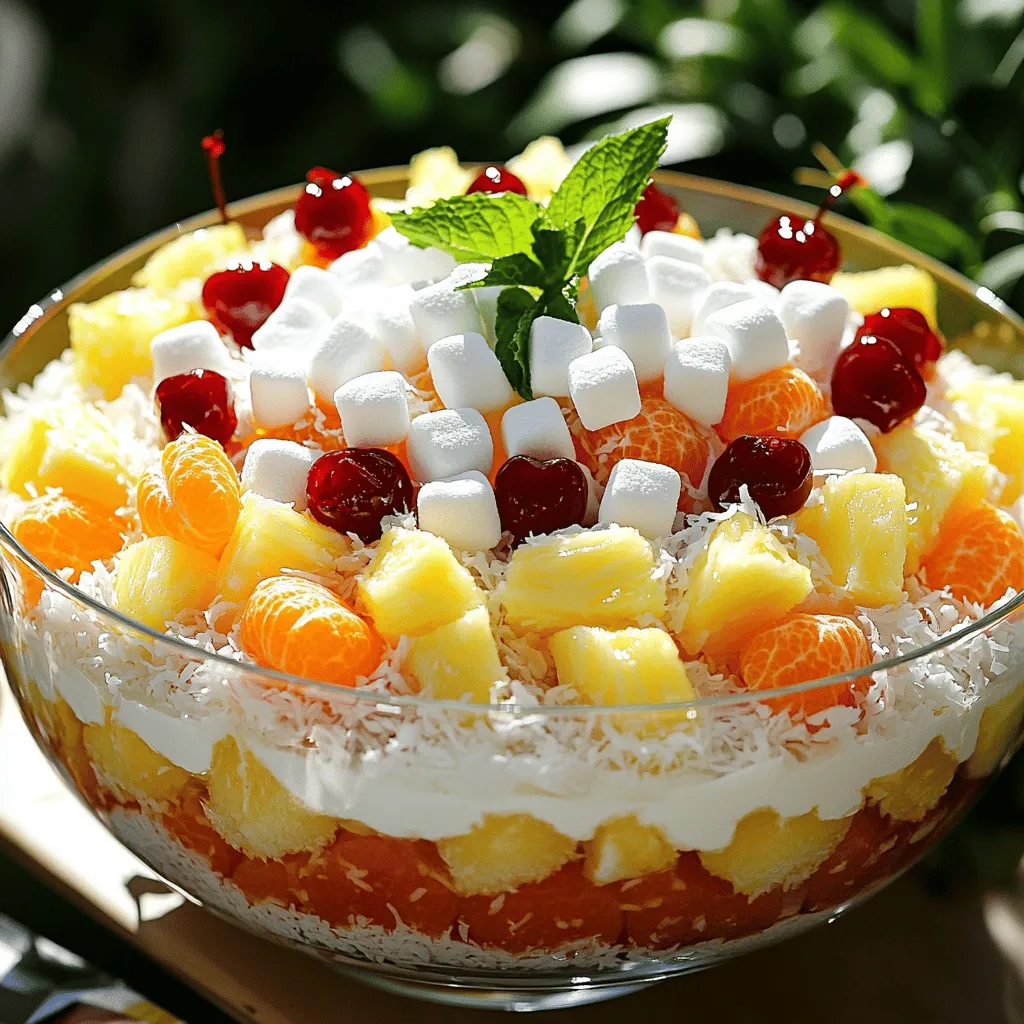 To make Ambrosia Salad, you need a few simple ingredients. Here’s a list for you: - 1 cup mini marshmallows - 1 cup fresh pineapple chunks - 1 cup mandarin oranges, drained - 1 cup shredded coconut (sweetened or unsweetened) - 1 cup maraschino cherries, halved - 1 cup Greek yogurt (vanilla-flavored) - 1/2 cup chopped walnuts (or pecans) - 1 teaspoon vanilla extract - Optional: Fresh mint leaves for garnish Each ingredient plays a key role in the taste and texture of this dish. The mini marshmallows add sweetness and bounce. Fresh pineapple and mandarin oranges bring a burst of juicy flavor. Shredded coconut adds a chewy texture, while maraschino cherries give a pop of color. Greek yogurt provides creaminess and a hint of tang. Lastly, walnuts or pecans add a crunchy finish. I love using fresh ingredients. They make the salad taste so much better. You can mix and match some items, too! If you want a lighter version, try using low-fat yogurt. You can even switch the nuts for seeds if you need to. This Ambrosia Salad is versatile, and you can get creative with it. I always recommend using the freshest fruit you can find. Each bite should feel refreshing and satisfying. Check out the Full Recipe for all the steps to bring this colorful dish to life! Combining Fruit Ingredients First, grab a large mixing bowl. Add 1 cup of mini marshmallows, 1 cup of fresh pineapple chunks, and 1 cup of drained mandarin oranges. Stir gently to keep the fruit whole. Mixing Yogurt Dressing In a smaller bowl, mix 1 cup of Greek yogurt, 1/2 cup of chopped walnuts, and 1 teaspoon of vanilla extract. Stir until smooth and creamy. Folding Ingredients Together Now, pour the yogurt mixture over the fruit blend. Gently fold everything together. Make sure each piece of fruit gets coated. Prep time vs. Total time The prep time for this dish is just 15 minutes. However, the total time is 1 hour and 15 minutes because of the refrigeration step. Scheduling refrigeration period Refrigerate the salad for at least 1 hour. This helps all the flavors mix well. You can prepare it a day ahead to save time. Presentation ideas for bowls or cups For a lovely display, serve ambrosia salad in a large glass bowl. You can also use individual cups for a fun twist. Ideal occasions for serving This dish is perfect for picnics, potlucks, and family gatherings. Its bright colors and sweet taste make everyone smile. For the full recipe, check out the detailed instructions above. Enjoy creating this delightful treat! You can easily change the sweetness of your ambrosia salad. If you want a sweeter dish, add more mini marshmallows or a little sugar. For a less sweet taste, use less yogurt or skip the marshmallows. If you want a different texture, try using sour cream instead of Greek yogurt. You can also substitute yogurt with any dairy-free option. This way, you can make it work for any diet. Adding spices can boost the flavor. A pinch of cinnamon or nutmeg adds warmth. You can also add a splash of almond or coconut extract for a lovely twist. Incorporating seasonal fruits makes this salad even better. Try fresh strawberries in spring or peaches in summer. These fruits add color and great taste. To serve your ambrosia salad chilled, keep it in the fridge for at least an hour. This allows the flavors to mix well. Serve in a large glass bowl for a pretty display. Before serving, check if it needs a stir. If it looks dry, add a bit of yogurt or some fruit juice. Store leftovers in an airtight container in the fridge for up to three days. {{image_2}} You can make your ambrosia salad even more exciting! Try adding mango or kiwi. These fruits give a fresh twist. They bring a sweet and tart flavor that pairs well with the classic ingredients. If you want to skip yogurt, use coconut cream. This makes the salad rich and creamy while adding a tropical touch. For those with nut allergies, do not worry! You can easily switch out the nuts. Instead of walnuts or pecans, consider using seeds. Sunflower or pumpkin seeds are great choices. They add crunch and nutrition without the risk of allergies. If you want a lighter salad, reduce the sugar and use low-fat yogurt. This change cuts calories while keeping the taste. You can also swap in fruits like berries or apples. They add flavor and are lower in sugar. Enjoy a guilt-free version of this classic dish! For the complete recipe, check out the Full Recipe. Ambrosia salad stays fresh in the fridge for up to three days. Store it in an airtight container to keep it safe from odors and moisture. Glass or plastic containers with tight lids work best. This way, your salad remains tasty and crisp for longer. You can freeze ambrosia salad, but the texture may change. The fruits may become mushy once thawed. If you want to freeze it, follow these steps: 1. Prepare the salad as usual, but leave out the yogurt. 2. Place it in a freezer-safe container. 3. Seal it tightly and label it with the date. To thaw, move it to the fridge overnight. After thawing, mix in fresh yogurt for a better texture. To refresh your salad, give it a gentle stir. Add a splash of yogurt if it seems dry. You may want to add more marshmallows or nuts for crunch. This helps restore its original charm after refrigeration. Enjoy your creamy, fruity treat again! Ambrosia Salad is a classic dish. It has roots in Southern U.S. cuisine. People first made it in the 19th century. The name "ambrosia" comes from Greek mythology. It meant food of the gods. Common ingredients include: - mini marshmallows - fresh pineapple chunks - mandarin oranges - shredded coconut - maraschino cherries - Greek yogurt - chopped walnuts - vanilla extract You can change the ingredients to fit your taste. Some like to add different fruits or nuts. Yes, you can make Ambrosia Salad in advance. I recommend making it at least one hour before serving. This allows the flavors to blend well. To store it, cover the bowl with plastic wrap. Keep it in the fridge. This way, it stays fresh and tasty. For a vegan version, use dairy-free yogurt. Almond yogurt or coconut yogurt works well. You can also find plant-based marshmallows in stores. They are a great substitute for regular marshmallows. Enjoy your delicious Ambrosia Salad without dairy! In this blog post, we explored the delightful Ambrosia Salad, detailing its ingredients and preparation steps. You learned how to mix fresh fruits with creamy yogurt, along with serving tips and customization ideas. This salad can be made ahead and stored easily, maintaining its freshness. Remember, you can adjust sweetness and try different fruits for a personal touch. Whether for a party or a family meal, Ambrosia Salad is a fun dish. Enjoy creating your unique version and sharing it with friends!