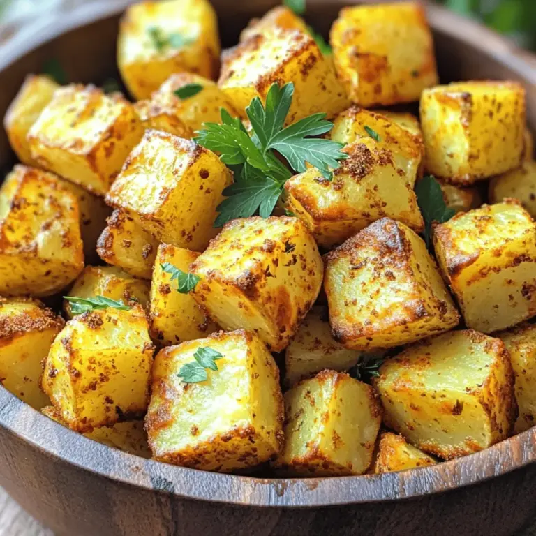 - 4 medium-sized Yukon Gold potatoes, diced into 1-inch cubes - 3 tablespoons olive oil - 1 teaspoon paprika - 1 teaspoon garlic powder - 1 teaspoon onion powder - 1/2 teaspoon dried thyme - 1/2 teaspoon salt - 1/4 teaspoon black pepper - Fresh parsley, chopped (for garnish)