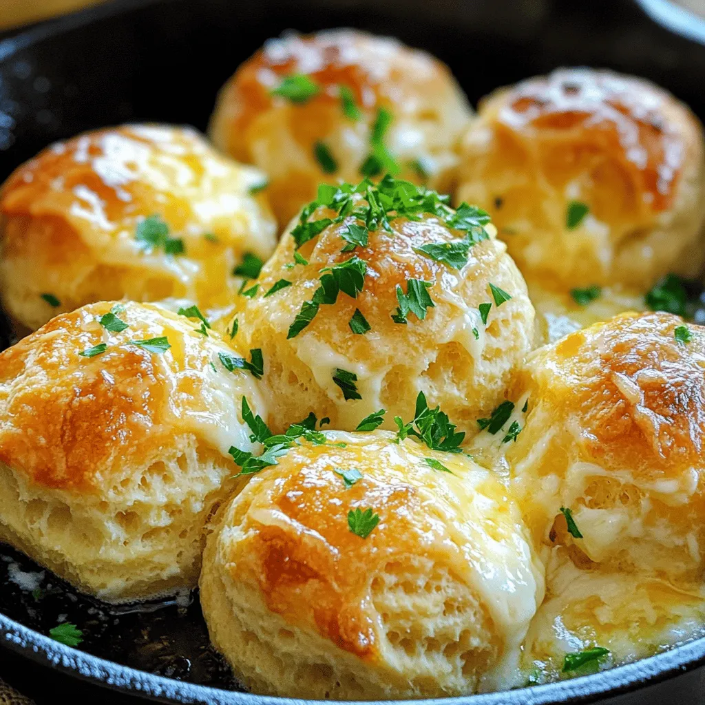 - 1 can (16 oz) Pillsbury refrigerated biscuits - 1 cup shredded mozzarella cheese - 1/2 cup unsalted butter, melted - 4 cloves garlic, minced
