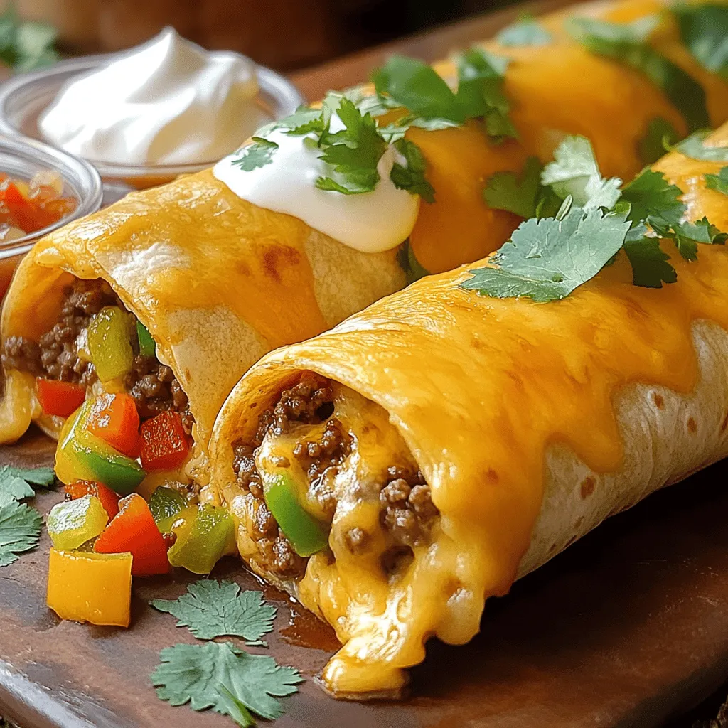 - 1 lb ground beef - 1 cup shredded cheese (cheddar or a blend) - 1 cup bell pepper, diced (any color) - 1 small onion, diced - 2 cloves garlic, minced - 1 tablespoon taco seasoning - 1 tablespoon olive oil - 4 large tortillas (flour or whole wheat)