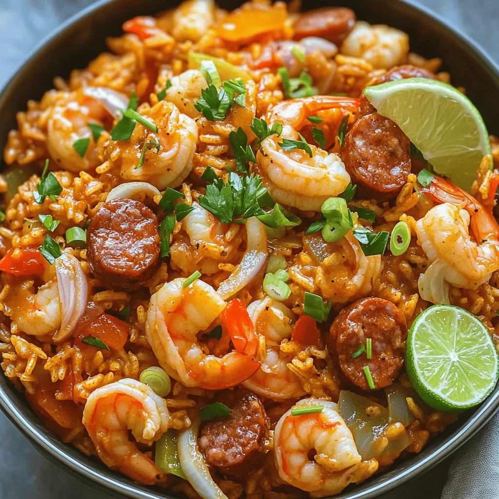 To make a great jambalaya, you need key ingredients. Start with proteins like shrimp, chicken, and sausage. - 1 lb shrimp, peeled and deveined - 1 lb chicken thighs, boneless and diced - 1 cup andouille sausage, sliced These proteins bring rich flavors. The shrimp adds a sweet touch, while chicken provides heartiness. The sausage gives it that smoky kick. Next, you need vegetables. Onions and bell peppers are essential. - 1 large onion, diced - 1 green bell pepper, diced - 1 red bell pepper, diced - 3 cloves garlic, minced These veggies add depth and color. Onions bring sweetness, while bell peppers offer a nice crunch. Garlic adds a wonderful aroma. Seasoning is key for flavor. You will need: - 4 cups chicken broth - 2 tablespoons Cajun seasoning - 1 teaspoon dried thyme - 2 bay leaves - Salt and black pepper to taste The chicken broth gives a savory base. Cajun seasoning adds a spicy twist. Thyme and bay leaves enhance the aroma and flavor. Don’t forget the rice! You will need: - 2 cups long-grain rice This rice soaks up the broth and flavors. Finally, for a nice touch, use garnishes: - 1 cup green onions, sliced (for garnish) - Fresh parsley, chopped (for garnish) Garnishes add color and freshness. They make your dish look and taste better. For the full recipe, check out the detailed instructions. Enjoy your flavorful jambalaya! Start with the chicken thighs. Cut them into small pieces. Heat 2 tablespoons of olive oil in a large pot. Add the chicken and sprinkle salt and pepper over it. Cook for about 5 to 7 minutes, or until it turns brown. Stir it often to cook evenly. When the chicken is done, take it out and set it aside. Next, cook the andouille sausage. In the same pot, add the sliced sausage. Cook it for another 3 to 4 minutes until it also turns brown. This adds great flavor to the pot. Remove the sausage and keep it with the chicken. Make sure to avoid cross-contamination. Use clean utensils for the chicken and sausage. This keeps your meal safe and tasty. Now it’s time for the veggies. Add 2 more tablespoons of olive oil to the pot. Toss in the diced onion and both bell peppers. Sauté these for about 5 minutes. You want them to be soft and smell great. After the vegetables soften, add the minced garlic and mix it in. Don’t add the garlic too early. It can burn and taste bitter. Stir in the Cajun seasoning, dried thyme, and bay leaves. Cook for just one more minute to wake up those flavors. Now, let’s bring everything together. Pour in the undrained diced tomatoes and chicken broth. Stir well and bring it to a boil. Next, add the rice. Mix it in well, then lower the heat. Place the cooked chicken and sausage back into the pot. Cover it and let it simmer for about 20 to 25 minutes. The rice needs to soak up most of the liquid. In the last 5 minutes, gently add the shrimp to the pot. Cover it again until the shrimp turn pink and are fully cooked. Before serving, take out the bay leaves and check the seasoning. Adjust with more salt and pepper if needed. For the full recipe, you can refer to the earlier section. Enjoy your flavorful jambalaya! To cook the rice just right, I recommend using long-grain rice. This type of rice stays fluffy and separate, which is key for jambalaya. When you add the rice to the pot, make sure to stir it in well. This helps it soak up all the tasty broth. Cook it on low heat so it doesn’t burn. Adjusting the seasoning is also vital. After cooking, taste your jambalaya. If it needs more flavor, add a pinch of salt or more Cajun seasoning. A little extra spice can make a big difference. Serving jambalaya can be a fun chance to show off your skills. Use large bowls to hold the dish. This allows the vibrant colors to shine. When plating, scoop a generous portion in the center. Garnishing adds that gourmet touch. I love to sprinkle sliced green onions and fresh parsley on top. This not only looks beautiful but also adds fresh flavor. For an extra zing, you can add a lime wedge on the side. The bright color and taste will impress your guests! {{image_2}} To make seafood jambalaya, you can use shrimp, crab, or scallops. Each adds a unique taste. I love using a mix for a rich flavor. When adding seafood, remember that cooking times differ. Shrimp cooks fast, so add it in the last 5 to 7 minutes. Crab and scallops may need a few minutes longer. This way, your seafood stays tender and juicy. For a meatless jambalaya, swap out the chicken and sausage. You can use more veggies like zucchini, mushrooms, or even eggplant. To keep it hearty, add some beans or lentils. For flavor, consider using smoked paprika or a dash of liquid smoke. These can mimic that warm, smoky taste from meat. If you like heat, start by adding more Cajun seasoning. You can also include diced jalapeños or hot sauce to the mix. When using fresh peppers, be careful. Adjust the amount based on your spice preference. If you want a milder dish, remove the seeds from the peppers. This keeps the flavor while lowering the heat. To keep your delicious jambalaya fresh, follow these tips: - Refrigerating: Once the jambalaya cools, store it in an airtight container. It will stay good for up to 3 days in the fridge. Make sure to seal it well to avoid drying out. - Freezing: If you want to save jambalaya for later, you can freeze it. Place portions in freezer-safe bags or containers. Remove as much air as possible to prevent freezer burn. Jambalaya can be frozen for up to 3 months. Reheating jambalaya properly helps maintain its great flavor. Here’s how to do it: - Stovetop Method: Place the jambalaya in a pan over medium heat. Add a splash of chicken broth or water. Stir often until heated through, about 10-15 minutes. - Microwave Method: Transfer a portion to a microwave-safe bowl. Cover it with a damp paper towel. Heat on medium power for 2-3 minutes, stirring halfway. - Time and Temperature: Aim for 165°F (74°C) to ensure it’s safe to eat. This temperature keeps the flavors intact and makes it warm and tasty. By following these storage and reheating tips, you'll enjoy your jambalaya just as much the next day! For more details, check the Full Recipe. The best rice for jambalaya is long-grain rice. It stays fluffy and separates well. I recommend using basmati or jasmine rice for extra flavor. These types absorb the spices nicely, making each bite delightful. Avoid short-grain rice; it tends to get sticky. Yes, you can make jambalaya in a slow cooker. First, brown the meats in a pan. Then, place the cooked meats in the slow cooker. Add your vegetables, spices, tomatoes, broth, and rice. Cook on low for about 4-6 hours or until the rice is tender. This method makes the dish easy and hands-off. To keep your jambalaya moist, use enough broth. The rice should absorb the liquid during cooking. Also, avoid overcooking the rice; check it around the 20-minute mark. Stir gently to avoid breaking the rice. If it seems too dry, add a splash of broth before serving. Jambalaya comes from Louisiana, blending Spanish and French influences. It likely started from paella, a Spanish dish. Over time, it evolved with local ingredients and flavors. You can find many variations, including Creole and Cajun styles, each with unique twists. Jambalaya lasts about 3-4 days in the fridge when stored properly. Keep it in an airtight container. To ensure safety, reheat it thoroughly before eating. If you want to keep it longer, consider freezing it for up to three months. Just thaw and reheat when you're ready to enjoy! In this guide, I covered the key ingredients and steps to make jambalaya. We explored how to cook meats, sauté vegetables, and combine everything perfectly. I shared tips for enhancing texture and flavor, along with variations for seafood, vegetarian, and spicy options. Remember to store leftovers well and reheat them properly. Jambalaya is versatile and full of flavor. With these steps, you can create a delicious dish that fits your tastes. Enjoy making your jambalaya and share it with friends!