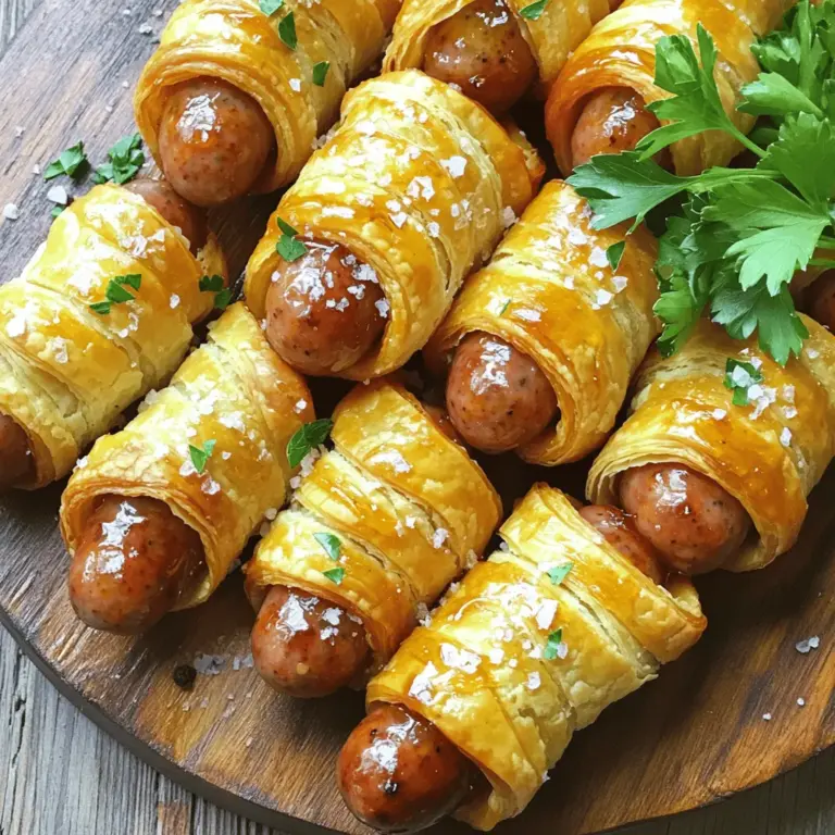 - 12 small sausages (cocktail or mini) - 1 sheet of puff pastry, thawed - 1/4 cup honey - 2 tablespoons Dijon mustard - 1 teaspoon smoked paprika - 1/2 teaspoon garlic powder - 1 egg, beaten (for egg wash) - Sea salt and cracked black pepper, to taste - Fresh parsley, chopped (for garnish)