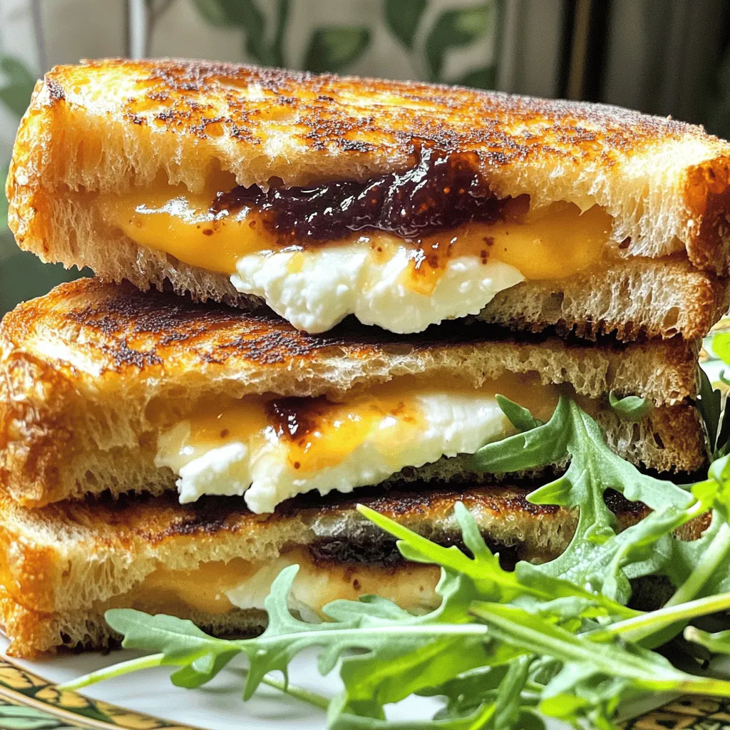 - 4 slices of sourdough bread - 2 tablespoons unsalted butter, softened - 1 cup sharp cheddar cheese, grated - 1 cup creamy goat cheese, crumbled - 1/2 cup fig jam - 2 tablespoons balsamic vinegar - Fresh arugula, for garnish - Salt and pepper to taste