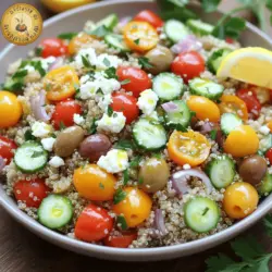 - 1 cup quinoa, rinsed - 2 cups water or vegetable broth - 1 cup cherry tomatoes, halved - 1 cucumber, diced - 1/2 red onion, finely chopped - 1/2 cup Kalamata olives, pitted and sliced - 1/2 cup feta cheese, crumbled - 1/4 cup fresh parsley, chopped