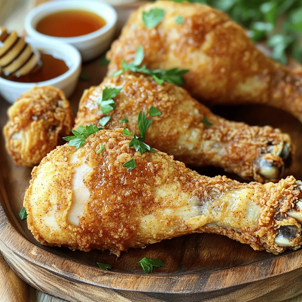 - 4 chicken pieces (drumsticks or thighs) - 1 cup buttermilk - 2 cups all-purpose flour - 1 teaspoon paprika - 1 teaspoon garlic powder - 1 teaspoon onion powder - 1 teaspoon cayenne pepper - Salt and black pepper to taste - ½ teaspoon baking powder - Vegetable oil (for frying) For crispy fried chicken, choose chicken pieces with skin. Drumsticks and thighs work best. These cuts keep moisture while frying. The skin adds flavor and crunch. You can spice up your chicken with a few optional add-ons. Consider adding hot sauce to the buttermilk for a kick. You can also try extra spices like thyme or oregano. These add unique flavor profiles that will impress your guests. You need the right equipment for crispy fried chicken. A heavy skillet or deep-fryer works best. They both heat oil evenly and make frying easier. You'll also want a cooking thermometer. This helps you check the oil temperature and make sure it’s just right. Aim for 350°F (175°C). This temperature cooks the chicken well without burning the crust. For the full recipe, check out the details above. Marinating the chicken: Start by making the marinade. In a large bowl, mix buttermilk, paprika, garlic powder, onion powder, cayenne pepper, salt, and black pepper. Add your chicken pieces to the bowl. Make sure they are fully covered in the buttermilk mixture. Cover the bowl and place it in the fridge for at least 2 hours, or overnight if you want the best flavor. How to mix the coating mixture: In a separate bowl, combine the flour, baking powder, and a pinch of salt. This mixture will help create a crunchy outer layer for your chicken. Stir well to ensure that all the dry ingredients are mixed evenly. Oil heating tips and temperature checks: For frying, choose a heavy skillet or deep-fryer. Pour enough vegetable oil to cover the chicken pieces halfway. Heat the oil over medium heat until it reaches 350°F (175°C). To check if the oil is hot enough, drop a small amount of flour into it. If it sizzles and bubbles, you’re ready to fry. Proper frying techniques: Carefully take the chicken out of the marinade. Let the excess buttermilk drip off. Dredge each piece in the flour mixture, ensuring each piece is well-coated. Shake off any extra flour. Place the chicken in the hot oil, but don’t overcrowd the pan. Fry each piece for 10-12 minutes per side. The chicken should be golden brown and reach an internal temperature of 165°F (74°C). Adjust the heat as needed to keep the oil temperature steady. Draining excess oil effectively: Once cooked, remove the chicken from the oil. Place it on a wire rack or paper towels. This step helps drain off any excess oil. Resting and presentation suggestions: Let the fried chicken rest for about 5-10 minutes. This allows the juices to settle and makes the crust crispier. For serving, place the chicken on a rustic wooden platter. You can add a side of honey or hot sauce for dipping. Garnish with fresh herbs for a pop of color. Enjoy your crispy fried chicken! Check out the Full Recipe for more details. To get that perfect crispy layer, you need a few key steps. First, use a good breading method. Coat your marinated chicken in the flour mixture. This mix gives the chicken its crunch. Next, oil temperature matters. Heat the oil to 350°F (175°C). If the oil is too cool, the chicken will soak up oil. Too hot, and the outside burns while the inside stays raw. Keep testing the oil. A small pinch of flour should bubble when the oil is ready. Adding flavor is simple. Try using different herbs and spices. I love adding thyme, oregano, or even a pinch of curry powder for a twist. Marinating the chicken in buttermilk is key. But you can also try hot sauce for a kick. Let the chicken sit in this mix for at least two hours. Overnight is even better for deep flavor. If your chicken skin turns soggy, you might have made a few mistakes. First, check the oil temperature. If it’s too low, the chicken absorbs oil. If you use a skillet or deep fryer, don’t crowd the pieces. This keeps the oil hot and helps with crispiness. If you notice uneven cooking, adjust the heat up or down. Remember these tips, and your crispy fried chicken will shine every time! For a full recipe, check out the detailed instructions above. {{image_2}} Southern-style fried chicken is famous for its crispy crust and juicy meat. This style uses a mix of spices and a buttermilk marinade. Nashville hot chicken is a spicy twist, featuring a fiery seasoning blend that adds heat to the crispy crust. The chicken is often served on white bread with pickles for a delicious contrast. Globally, fried chicken takes on many forms. Korean fried chicken is light and crispy, often double-fried for extra crunch. It is usually coated in sweet and spicy sauces, offering a unique flavor. Other styles, like Japanese karaage, use soy sauce and ginger for a different taste. Each culture adds its own spices and techniques, making fried chicken a diverse dish worldwide. If you want a healthier option, try oven-baked crispy chicken. Coat your chicken pieces with the buttermilk mixture and then the flour mix, as described in the full recipe. Place them on a wire rack on a baking sheet. Bake at 425°F (220°C) for about 25-30 minutes until golden brown. This method cuts down on oil but keeps the crunchy texture. Air-fryers are another great choice for crispy chicken. They use hot air to cook the chicken with less oil. Just marinate and coat your chicken as usual, then place it in the air-fryer basket. Cook at 375°F (190°C) for about 25 minutes, flipping halfway through. This method gives you a tasty result with fewer calories. You can customize your crispy fried chicken with different flavors. For a sweet and spicy option, mix brown sugar with cayenne pepper in your coating. This combination creates a nice balance of heat and sweetness. Herb-infused coatings can also add a fresh twist. Try adding dried herbs like thyme, oregano, or rosemary to your flour mix. This boosts the flavor and gives a unique taste to each bite. Experimenting with spices and herbs allows you to create your own signature fried chicken dish. To keep your fried chicken fresh, store it right. For short-term storage, refrigerate your chicken. Place it in an airtight container or wrap it tightly in foil. This method helps keep moisture in and prevents drying out. Fried chicken can last for about 3 to 4 days in the fridge. If you plan to save it longer, freezing is a great option. Use freezer-safe bags or containers to avoid freezer burn. When it's time to enjoy your leftovers, reheating is key. The best way to reheat fried chicken and keep it crispy is in the oven. Preheat your oven to 375°F (190°C). Place the chicken on a wire rack over a baking sheet. Heat for about 15-20 minutes, checking for crispiness. You can also use an air fryer for quicker results. Cook at 350°F (175°C) for about 10 minutes. Always check that the internal temperature hits 165°F (74°C) for safe eating. Fried chicken stays good in the fridge for about 3 to 4 days. After that, it may spoil. Look out for signs like a sour smell or slimy texture. If you freeze it, it can last up to 4 months. Always label your containers with dates. This helps you keep track of freshness. Enjoy your crispy fried chicken, and don't forget to check the Full Recipe for more tips! I recommend using vegetable oil or peanut oil. These oils have high smoke points. This means they can get hot without burning. They also add a nice flavor to the chicken. Canola oil is another good choice. Avoid oils like olive oil, as they burn too quickly. For the best flavor and texture, marinate your chicken for at least 2 hours. If you can, try to marinate it overnight. This helps the seasoning soak in well. It also makes the chicken juicy and tender. Yes, you can! You can use plain yogurt or milk with a splash of vinegar. This will mimic the tanginess of buttermilk. You could also try using almond milk or coconut milk for a dairy-free option. Just add a bit of acidity to help with flavor. The oil should be around 350°F (175°C) when frying chicken. This temperature helps create a crispy crust while cooking the chicken inside. If the oil is too hot, the outside burns before the inside cooks. If it's too cool, the chicken can get greasy. To reduce grease, avoid overcrowding the pan. Fry in small batches to keep the oil temperature steady. You can also use a wire rack to drain excess oil after frying. Letting the chicken rest on the rack helps it stay crispy. This guide covered everything from choosing chicken pieces to perfect frying techniques. You learned about essential ingredients, helpful tips for crispiness, and tasty variations. Remember, you can customize flavors and adapt cooking methods to suit your taste. By following these steps, you can create delicious fried chicken every time. Keep experimenting, and enjoy the process. Happy frying!