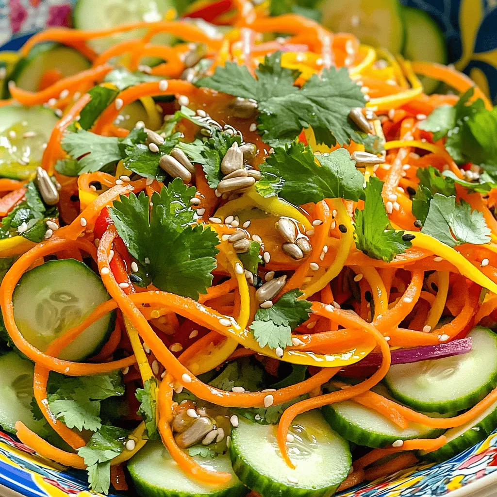 - Fresh produce: - 4 medium carrots (orange, yellow, and purple for color) - 1 small cucumber - 1 red bell pepper, thinly sliced - 1/2 cup fresh cilantro, chopped