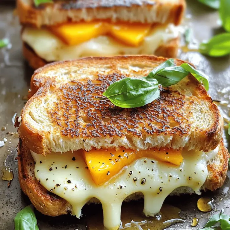 - 4 slices of rustic sourdough bread - 1 large ripe peach, sliced - 1 cup white cheddar cheese, shredded - 2 tablespoons honey - 2 tablespoons unsalted butter, softened - Fresh basil leaves (optional for garnish) - Salt and pepper to taste