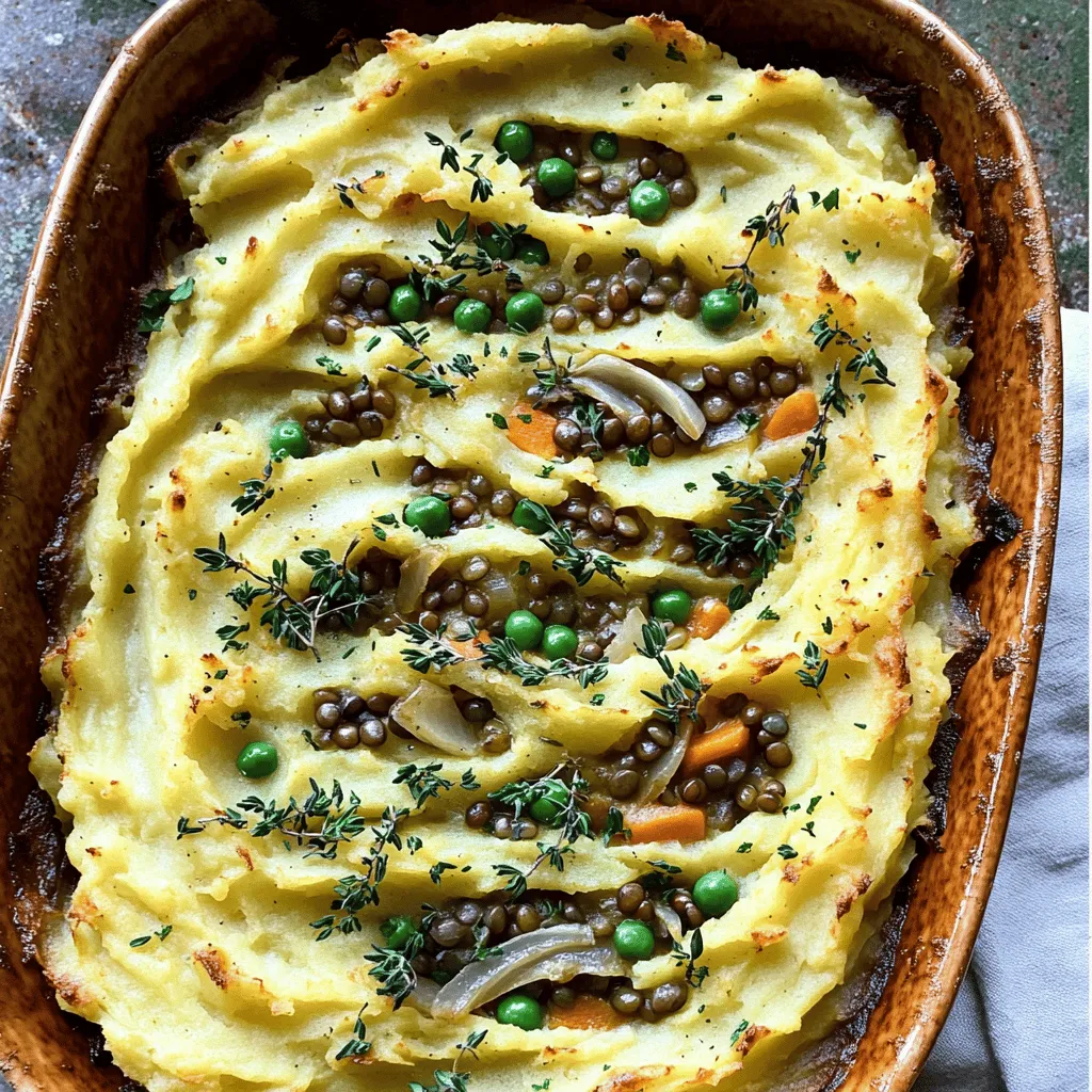 To make a great lentil shepherd's pie, you need simple and fresh items. - 1 cup green or brown lentils, rinsed - 2 cups vegetable broth - 1 medium onion, chopped - 2 cloves garlic, minced - 2 carrots, diced - 1 celery stalk, diced - 1 teaspoon dried thyme - 1 teaspoon dried rosemary - 1 tablespoon tomato paste - 1 tablespoon soy sauce - 2 cups frozen peas - 4 medium potatoes, peeled and chopped - 1/4 cup milk (dairy or non-dairy) - 2 tablespoons butter (or vegan alternative) - Salt and pepper to taste - Fresh parsley, chopped (for garnish) These ingredients help create a hearty dish. The lentils provide protein and fiber. The broth gives a rich base, while the veggies add flavor and texture. The herbs and spices enhance the taste. For the topping, you will use potatoes. They make a creamy layer on top. You can choose dairy or non-dairy milk based on your preference. This flexibility in ingredients makes the recipe suitable for everyone. If you want to explore more, check out the full recipe for tips on preparation and cooking. To cook the lentils, add them to a pot with vegetable broth. Bring this to a boil. Once boiling, reduce the heat and let it simmer. Cover the pot and cook for about 25 minutes. Check the lentils for doneness by tasting them. They should be soft but not mushy. Drain any excess liquid and set the lentils aside. Heat a tablespoon of oil in a large skillet over medium heat. Add chopped onion, minced garlic, diced carrots, and diced celery. Sauté the veggies for about 5-7 minutes. This step builds a great flavor base. If you want, you can swap in other veggies like bell peppers or mushrooms for variety. Mix the cooked lentils with the sautéed vegetables in the skillet. Add dried thyme, dried rosemary, tomato paste, soy sauce, and frozen peas. Stir everything together and let it cook for another 5 minutes. This helps the flavors meld. Season with salt and pepper to taste for the best flavor. While your lentil mix is cooking, prepare the mashed potatoes. Boil a pot of salted water and add chopped potatoes. Cook until they are tender, which takes about 15-20 minutes. Drain the potatoes and return them to the pot. Add milk and butter, then mash until smooth. You can use dairy or a non-dairy option if you prefer. Season with salt and pepper. Preheat your oven to 400°F (200°C). In a baking dish, spread the lentil mixture evenly. Top it with the mashed potatoes, covering the filling completely. Use a fork to create a textured surface on top. This texture will help it brown nicely in the oven. Place the dish in the preheated oven and bake for about 25-30 minutes. Look for the top to turn golden and the filling to bubble. These are good signs that your Shepherd's Pie is ready to serve. For creamy mashed potatoes, use more milk and butter. This gives a smooth finish. If you want a chunkier version, mash less. Leave some pieces intact for fun texture. Always taste and adjust seasoning as you go. This step is key for balance. The flavors blend better when seasoned early. You can save time by prepping ingredients ahead. Chop your veggies and store them in the fridge. This way, when you are ready to cook, you just toss them in. Use pre-cooked lentils if you are in a rush. You can find them in cans or pouches. They cut cooking time down a lot. Adding fresh herbs boosts the taste. Try basil or oregano for a different twist. You can also mix in spices like paprika for warmth. Swap out some veggies for variety. Mushrooms or bell peppers add great flavor. Experiment with what you have on hand for a unique dish. You can always find new favorites! {{image_2}} To make your lentil shepherd's pie gluten-free, start by using gluten-free soy sauce or tamari. This swap keeps the flavor while avoiding gluten. You can also choose alternative thickeners like cornstarch or arrowroot powder to replace any flour-based sauces. Always check labels to ensure other ingredients are gluten-free. If you're looking to boost protein, consider adding chickpeas or black beans to the lentil mix. These beans add texture and flavor while keeping the dish hearty. You can also mix in quinoa or hemp seeds for an extra protein punch. Simply fold them into the lentil mixture before baking. To make this dish fully vegan, swap out the butter for a vegan version and use non-dairy milk for the mashed potatoes. You can use almond, soy, or oat milk. For added creaminess, you might try coconut cream instead. This keeps the mashed potatoes rich without any dairy. To keep your lentil shepherd's pie fresh, store it in the fridge. Use an airtight container for best results. This helps to prevent moisture loss and keeps flavors intact. It will stay fresh for about 3 to 5 days. You can freeze lentil shepherd's pie for later. Let it cool completely before freezing. Transfer it to a freezer-safe container or wrap it tightly in plastic wrap and then foil. It can last for up to 3 months in the freezer. When it's time to eat, you can reheat your shepherd's pie in two ways: microwave or oven. The microwave is quick but may change the texture. The oven takes longer but keeps it crispy on top. If using the oven, preheat to 350°F (175°C) and bake until warm. Enjoy your comforting meal! Yes, you can use other legumes. Black beans and chickpeas work well. If you choose black beans, cook them for about 20-25 minutes. Chickpeas take longer, so about 30-35 minutes should do. Adjust your cooking time based on the legume you pick. To add heat, try these tips: - Add diced jalapeños or green chilies to the vegetable mix. - Use cayenne pepper in the lentil mixture. - Stir in hot sauce before baking for a kick. These small changes can really spice things up! For sides, consider these options: - A simple green salad for freshness. - Steamed broccoli or green beans for crunch. - Garlic bread for a tasty pairing. These sides balance the meal and add more flavor. Look for these signs: - The top should be golden brown. - The filling should bubble slightly around the edges. - A fork inserted in the center should come out hot. These checks ensure your pie is ready to serve. Yes, this dish is great for meal prep! You can: - Make the lentil mix and mashed potatoes in advance. - Assemble the pie and store it in the fridge for up to three days. - Freeze it before baking for longer storage. This dish reheats well, making it a perfect choice for busy days. Absolutely! To prepare in advance: - Cook the lentils and veggies a day or two before. - Store them in the fridge until you are ready to assemble. - You can even bake it the night before and reheat it. Just remember to let it cool before storing. This way, you save time while still enjoying a hearty meal. For the full recipe, check out the detailed steps above! In this post, we explored the essential ingredients for a tasty lentil shepherd’s pie. We walked through step-by-step cooking instructions, from preparing lentils to baking the final dish. I shared tips to enhance flavor and texture and offered variations for dietary needs. Lentil shepherd’s pie is versatile, easy to make, and perfect for meal prep. With simple tweaks, you can make this dish your own. Enjoy creating and sharing your delicious shepherd's pie!