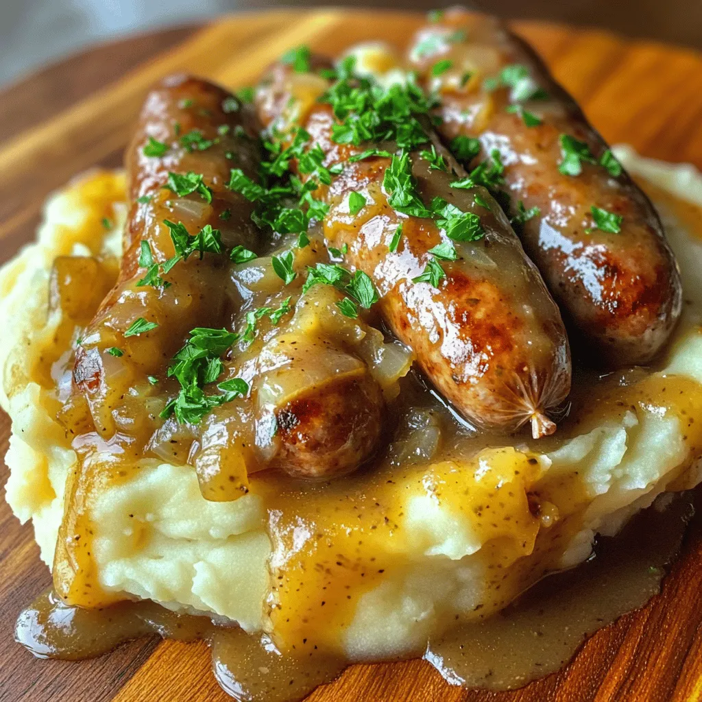 - <strong>Pork Sausages</strong>: These are the stars of the dish. Choose a mix of sweet and spicy sausages for great flavor. The fat from the sausages adds a rich taste and keeps everything juicy.” /></p>
</p>
<h2>Variations</h2>
</p>
<h3>Alternative Sausage Types</h3>
<p>You can use different types of sausage to switch up your bangers and mash. Chicken sausages are lean and tasty. Lamb sausages add a rich, gamey flavor. If you want to explore, look for regional varieties. In the UK, Cumberland sausage is a popular choice. It has herbs and spices that give a unique taste.</p>
</p>
<h3>Mashed Potato Alternatives</h3>
<p>You can make mash more exciting by adding new ingredients. Garlic adds a nice kick. Cheese makes it creamy and rich. If you want a healthier twist, try sweet potatoes. They are sweet and colorful. Cauliflower is another great option. It gives a light, fluffy texture while cutting down carbs.</p>
</p>
<h3>Regional Differences in Gravy</h3>
<p>Gravy can vary a lot across the UK. Some regions like thicker gravy, while others prefer it thin. In Yorkshire, they often serve bangers and mash with a runny gravy. In other areas, you might find a richer, darker version. Each style has its own charm, making your meal even more delightful.</p>
</p>
</p>
<h2>Storage Info</h2>
</p>
<h3>Storing Leftovers</h3>
<p>To keep your Bangers and Mash fresh, follow these steps:</p>
<p>– <strong>Cool down</strong>: Let the dish cool to room temperature.</p>
<p>– <strong>Use airtight containers</strong>: Place the leftovers in clean, airtight containers.</p>
<p>– <strong>Refrigerate</strong>: Store in the fridge for up to 3 days.</p>
</p>
<p>If you want to store it longer, you can freeze it:</p>
<p>– <strong>Freeze</strong>: Bangers and Mash can last up to 2 months in the freezer.</p>
<p>– <strong>Portion it out</strong>: Freeze in small portions for easy use.</p>
</p>
<h3>Reheating Tips</h3>
<p>When you’re ready to enjoy your leftovers, reheating is key:</p>
<p>– <strong>Microwave</strong>: Use a microwave-safe dish. Add a splash of milk to keep it moist. Heat in short bursts.</p>
<p>– <strong>Stovetop</strong>: Reheat in a pan over low heat. Stir often to warm evenly.</p>
</p>
<p>Avoid these common mistakes:</p>
<p>– <strong>Don’t overheat</strong>: High heat can dry out the sausages and mash.</p>
<p>– <strong>Skip the fridge</strong>: Never leave leftovers out for more than 2 hours.</p>
</p>
<p>These tips will keep your Bangers and Mash tasting great! For the full recipe, check out the [Full Recipe].</p>
</p>
<h2>FAQs</h2>
</p>
<h3>What are the best sausages to use for Bangers and Mash?</h3>
<p>For Bangers and Mash, you want quality pork sausages. Look for sausages that mix sweet and spicy flavors. Brands like Cumberland or Lincolnshire work great. Fresh sausages will give the best taste. Avoid cheap, processed options that may lack flavor.</p>
</p>
<h3>Can I make Bangers and Mash gluten-free?</h3>
<p>Yes, you can make Bangers and Mash gluten-free. Use gluten-free sausages, as many brands offer them. For the gravy, swap regular flour with gluten-free flour. You can also use cornstarch mixed with water to thicken the gravy. Always check labels to ensure ingredients are gluten-free.</p>
</p>
<h3>How can I make the dish spicier?</h3>
<p>To add spice, consider using spicy sausages like chorizo. You can also mix in red pepper flakes or hot sauce into the gravy. A little goes a long way, so start small. For more depth, add a diced jalapeño while cooking the onions.</p>
</p>
<h3>Is Bangers and Mash a traditional dish?</h3>
<p>Yes, Bangers and Mash is a classic British meal. It dates back to the early 20th century. The dish represents comfort food for many. It is often served in pubs across the UK. The simple combo of sausages and mashed potatoes has stood the test of time.</p>
</p>
<p>Bangers and mash are a comforting, classic dish that anyone can master. With the right pork sausages and russet potatoes, you can create a delicious meal. Perfect your onion gravy with simple tips. Explore variations to keep things exciting, and don’t forget leftovers can taste great too. Cooking this dish offers a taste of tradition and a chance to add your own twist. Enjoy every bite, and savor the process as much as the flavors!</p>
</div>