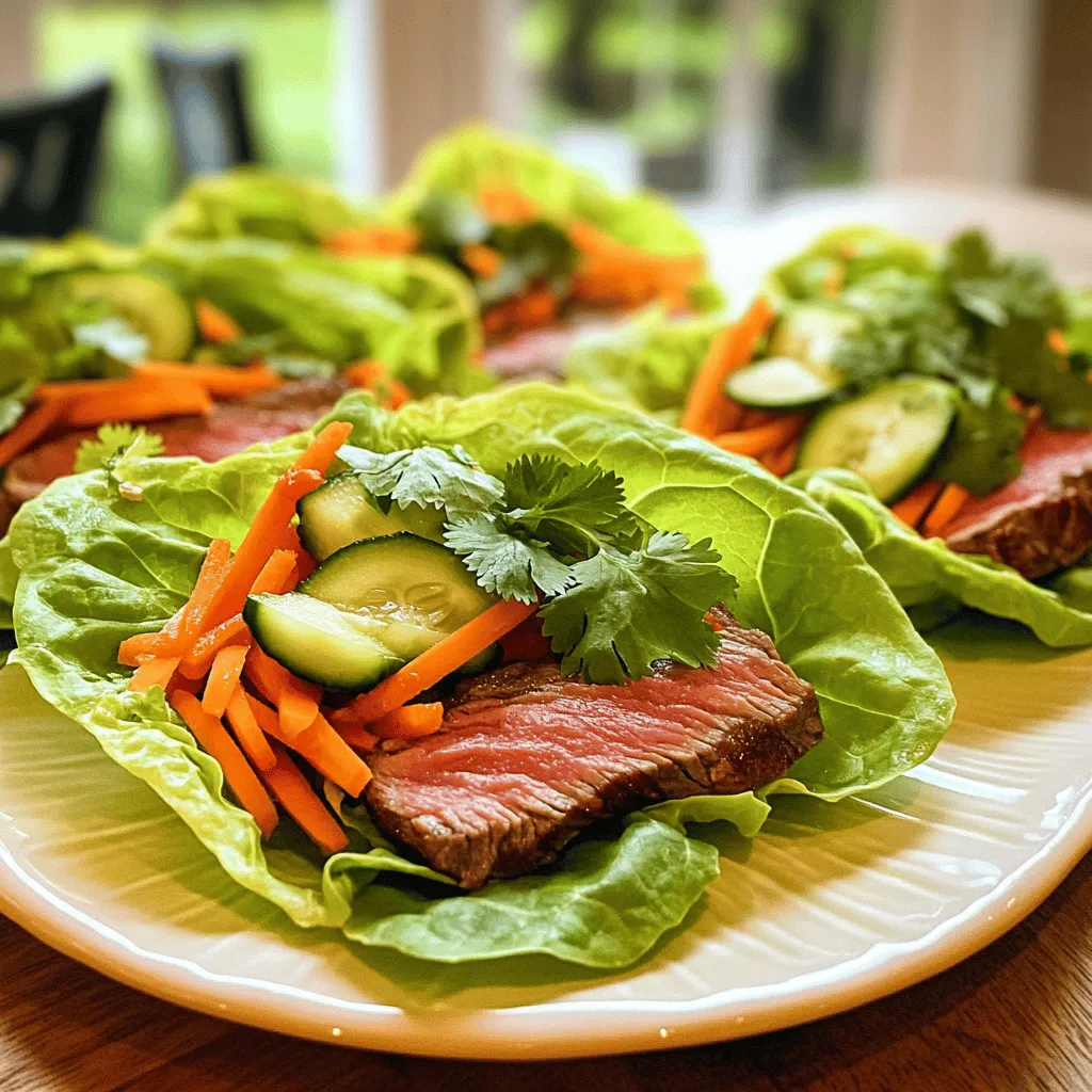 - 1 pound flank steak, thinly sliced - 1 tablespoon sesame oil - 1 tablespoon soy sauce - 1 tablespoon honey - 2 cloves garlic, minced - 1 teaspoon ginger, grated - 1 tablespoon Sriracha (adjust to taste) - 1 head of romaine lettuce or butter lettuce, leaves separated - 1 carrot, julienned - 1 cucumber, julienned - Fresh cilantro leaves for garnish - 1 tablespoon lime juice - Salt and pepper to taste The cornerstone of this dish is the flank steak. It’s tender and absorbs flavors well. The marinade includes sesame oil, soy sauce, honey, garlic, ginger, and Sriracha. Each ingredient brings out the best in the steak. The honey balances the heat from the Sriracha, making every bite exciting. Fresh vegetables add crunch and color. Use romaine or butter lettuce for the wraps. They offer a perfect hold for the juicy steak. Carrots and cucumbers give a crisp texture. Don’t skip the cilantro; it brightens the dish. - Non-stick skillet or grill pan - Mixing bowl - Cutting board and knife For cooking, a non-stick skillet or grill pan works best. This allows the steak to sear nicely without sticking. You will need a mixing bowl to blend the marinade. A cutting board and knife help prepare the vegetables and slice the steak later. - Calories per serving: Approximately 350 - Key nutrients: Protein, vitamins A and C, and healthy fats Each serving of these wraps is about 350 calories. This meal packs a punch of protein from the steak. You also get vitamins A and C from the fresh veggies. The healthy fats in sesame oil help keep you satisfied. Marinating adds flavor and makes the steak tender. Start by mixing sesame oil, soy sauce, honey, minced garlic, grated ginger, and Sriracha in a bowl. This blend gives a sweet and spicy kick. Add salt and pepper to taste. Then, place the thinly sliced flank steak in the bowl. Ensure all pieces are well coated. Cover and let it marinate for at least 30 minutes. For even more flavor, marinate it overnight in the fridge. This extra time lets the flavors soak in deeply. Cooking the steak right is key to great wraps. Heat a non-stick skillet or grill pan over medium-high heat. Once hot, add the marinated steak in a single layer. Avoid crowding the pan. Cook for 2-3 minutes on each side. You want a nice brown crust but still juicy inside. Use a meat thermometer if you want to check doneness. Aim for 130°F for medium-rare. Once cooked, remove the steak from the heat and let it rest for a few minutes. This helps keep the juices inside. Now comes the fun part: assembling the wraps! Start by preparing your lettuce cups. Use fresh romaine or butter lettuce leaves. Place a few leaves on a serving platter. Slice the rested steak into smaller pieces if you like. Fill each lettuce cup with a portion of the cooked steak. Add julienned carrots and cucumbers for a crunchy texture. Drizzle some lime juice on top for brightness. Finish with fresh cilantro leaves for a fragrant touch. Serve immediately and enjoy with extra Sriracha on the side for those who crave more heat. For the complete recipe, refer to the [Full Recipe]. To boost flavor, try adding spices like cumin or smoked paprika. Fresh herbs like basil or mint can also elevate your dish. A splash of lime or lemon juice adds brightness. Consider sesame seeds for crunch, too. You can adjust Sriracha to control the heat level. Always taste as you go to find your perfect mix. When cooking the steak, ensure your pan is hot before adding the meat. This helps create a nice crust. Cook the steak in a single layer to avoid steaming. Flip the steak only once for even caramelization. Remove it from heat when slightly underdone, as it will continue cooking while resting. This keeps it juicy and tender. Serve your wraps with a side of rice or a fresh salad. A cool cucumber salad pairs well to balance the heat from Sriracha. For dipping sauces, consider a creamy yogurt sauce or a tangy vinaigrette. You can also offer extra Sriracha for those who need more spice. A side of pickled vegetables adds a nice crunch and acidity. Check out the Full Recipe for more details on making these wraps! {{image_2}} You can easily switch the flank steak for other proteins. Chicken works great and cooks quickly. Simply slice it thin and follow the same steps. For shrimp lovers, shrimp adds a sweet touch and cooks fast too. If you want a plant-based option, try tofu. Use firm tofu and marinate it just like the steak. This way, you'll get flavor in every bite. Not a fan of Sriracha? You can use other hot sauces or chili paste. If you prefer milder flavors, try sweet chili sauce instead. For the veggies, feel free to swap in your favorites. Bell peppers or radishes would add nice color and crunch. You can mix and match to suit your taste. If you're gluten-free, use tamari instead of soy sauce. For a low-carb version, skip the honey and serve with extra veggies. You can also use lettuce leaves as a wrap base. To make this dish vegan, replace the steak with mushrooms or tempeh. Adjust the marinade to keep it plant-based while still tasting great. To keep your Steak & Sriracha Lettuce Wraps fresh, store leftovers in an airtight container. Place them in the fridge within two hours of cooking. This way, the flavors stay vibrant, and the steak remains tender. You can enjoy the leftovers for up to three days. If you notice any off smells or changes in color, it's best to discard them. You can freeze the steak for longer storage. First, let it cool completely. Then, wrap it tightly in plastic wrap, followed by aluminum foil. This helps prevent freezer burn. Label the package with the date. The steak can last in the freezer for up to three months. When you're ready to eat, thaw it in the fridge overnight for the best texture. To reheat the steak without losing its juicy texture, use a skillet over medium heat. Add a splash of water or broth to keep it moist. Stir occasionally for even heating. You can also microwave it, but be careful not to overcook. Place the steak in a microwave-safe dish with a damp paper towel on top. Heat in short bursts until warmed through. Enjoy your wraps just as fresh as the first time! Yes, you can prepare some parts in advance. Marinate the steak and store it in the fridge. This step enhances the flavor. You can even slice the vegetables ahead. Keep them in airtight containers. Assemble the wraps just before serving. This way, the lettuce stays crisp. Absolutely! This recipe works well for meal prep. You can cook the steak and pack it in portions. Store the cooked steak in the fridge for up to three days. Keep the veggies separate to maintain freshness. This method makes a quick lunch or dinner easy. One common mistake is overcooking the steak. Use a meat thermometer for best results. Aim for medium-rare for the best flavor. Another pitfall is not allowing the steak to rest after cooking. Resting helps the juices redistribute. Lastly, be careful with the Sriracha. Start with a small amount and adjust to taste. Enjoy your wraps! This blog post gave you a tasty guide to making Steak & Sriracha Lettuce Wraps. We covered key ingredients, tools, and the step-by-step process to ensure you cook steak to perfection. You learned helpful tips, variations, and storage ideas to keep meals fresh. Try different proteins and flavors to suit your taste. Cooking can be fun, and I hope you enjoy making this dish! Happy cooking!