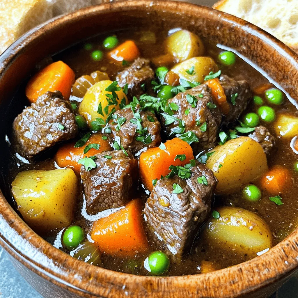 - 2 pounds beef chuck - 1 tablespoon vegetable oil - 2 medium onions - 3 cloves garlic - 4 carrots - 3 celery stalks - 2 cups beef broth - 2 cups diced potatoes - 1 tablespoon tomato paste - 1 teaspoon dried thyme - 1 teaspoon dried rosemary - 1 bay leaf - Salt and pepper to taste - 1 cup frozen peas (optional) - 2 tablespoons chopped fresh parsley (for garnish)