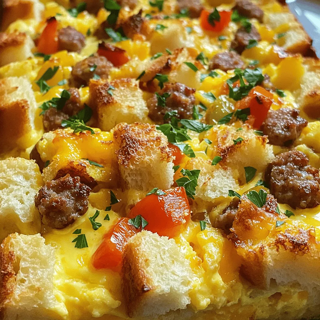 - 1 pound breakfast sausage, crumbled - 1 medium onion, chopped - 1 bell pepper, diced (any color) - 6 large eggs - 2 cups milk - 1 teaspoon garlic powder - 1 teaspoon salt - 1/2 teaspoon black pepper - 6 cups cubed day-old bread - 2 cups shredded cheddar cheese - 1 cup diced tomatoes (fresh or canned, drained) - 1/4 cup chopped fresh parsley for garnish