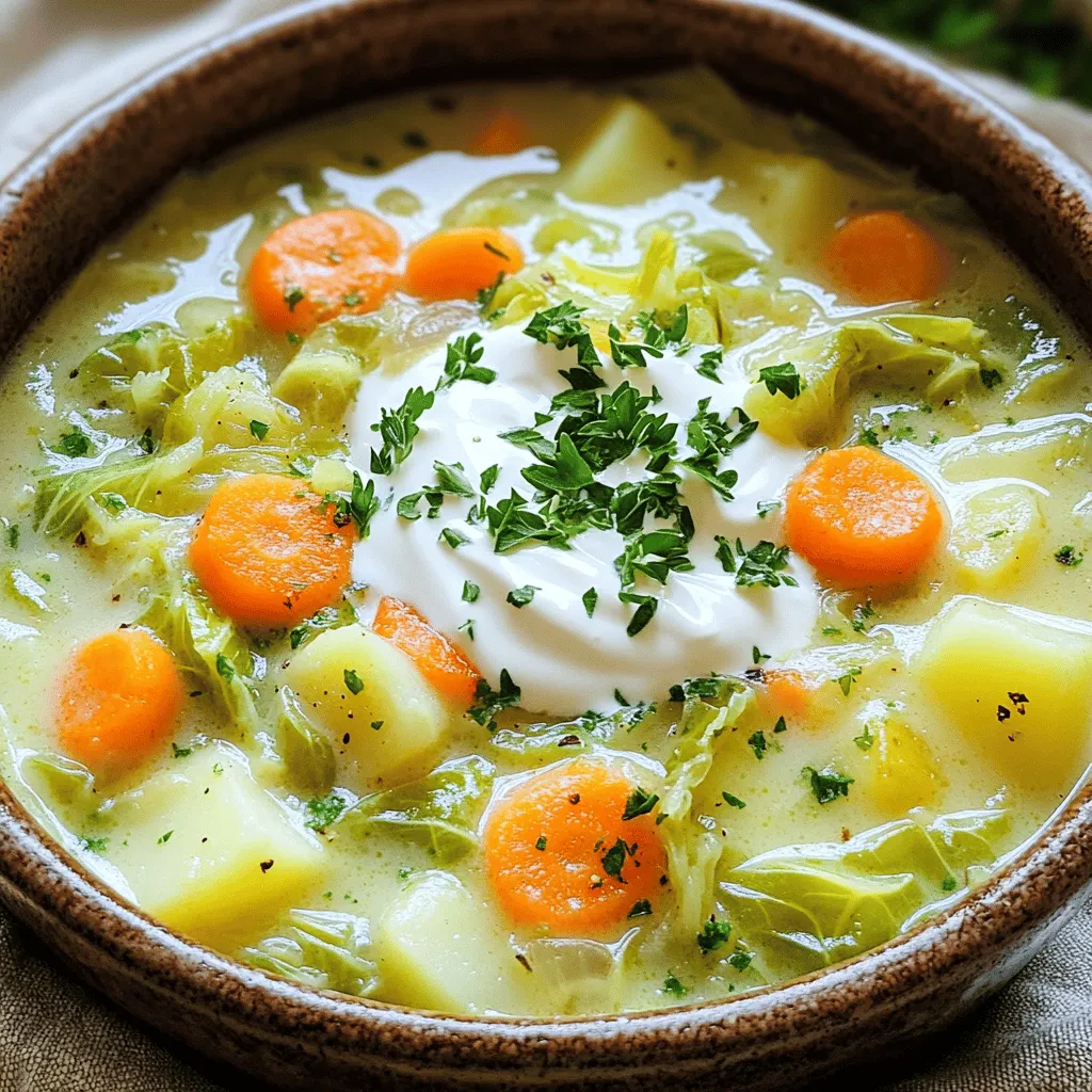 To make this rich and velvety soup, gather these main ingredients: - 1 medium green cabbage, chopped - 1 large onion, diced - 3 cloves garlic, minced - 2 large carrots, diced - 3 medium potatoes, peeled and cubed - 4 cups vegetable broth - 1 cup heavy cream or coconut cream for a vegan option - 2 tablespoons olive oil - 1 teaspoon dried thyme - 1 teaspoon smoked paprika - Salt and pepper to taste - Fresh parsley, chopped for garnish