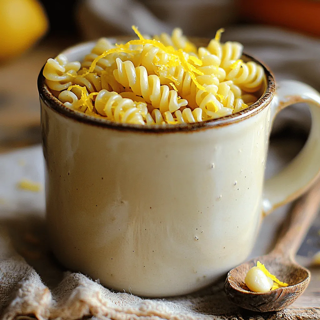 - 1 cup uncooked pasta (fusilli or penne) - 1 tablespoon olive oil - 2 cloves garlic, minced - 1 lemon (juiced and zested) - Salt and pepper to taste