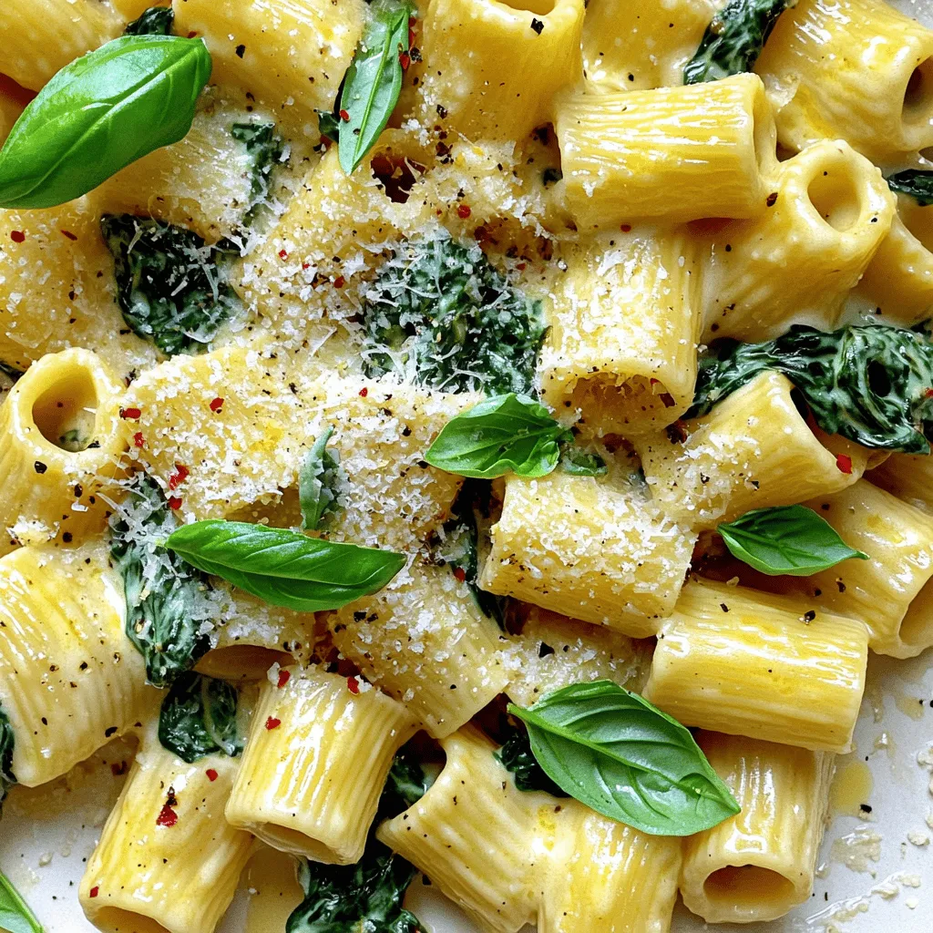 - 12 oz rigatoni pasta - 2 tablespoons olive oil - 3 cloves garlic, minced - 6 cups fresh spinach, roughly chopped - 1 cup heavy cream - 1 cup grated Parmesan cheese, plus extra for serving