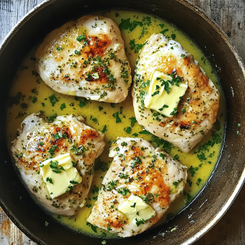 - 4 boneless, skinless chicken breasts - 4 tablespoons unsalted butter, divided - 3 cloves garlic, minced - 1 teaspoon dried thyme - 1 teaspoon dried rosemary - 1 teaspoon smoked paprika - Salt and pepper to taste - 1 tablespoon olive oil - Juice of 1 lemon - Fresh parsley, chopped (for garnish)