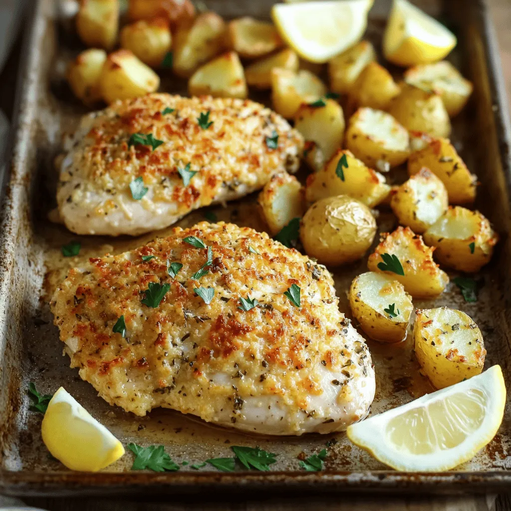 - 4 boneless, skinless chicken breasts - 4 large potatoes, cubed - 6 cloves garlic, minced - 1 cup grated Parmesan cheese - 4 tablespoons olive oil - 1 teaspoon dried thyme - 1 teaspoon dried rosemary - 1 teaspoon paprika - Salt and pepper to taste - Fresh parsley, chopped - Lemon wedges, for serving This Garlic Parmesan Chicken and Potatoes meal needs simple, fresh ingredients. You will enjoy the bold flavors of garlic and Parmesan. Chicken breasts are the main protein and provide a tender bite. The potatoes add heartiness to the dish, while the garlic gives it depth. Using olive oil helps the chicken and potatoes crisp up nicely. The dried herbs, thyme and rosemary, add a fragrant touch. Paprika gives a bit of warmth, and salt and pepper balance the flavors. To finish, fresh parsley adds a pop of color. Lemon wedges bring a zesty brightness, cutting through the richness. The Full Recipe guides you through cooking this delicious meal. Enjoy every bite! - Preheating the oven: Start by preheating your oven to 400°F (200°C). This helps cook the food evenly. - Preparing the potatoes: In a large bowl, take 4 cubed potatoes. Add 2 tablespoons of olive oil, salt, pepper, 1 teaspoon of dried thyme, 1 teaspoon of dried rosemary, and 1 teaspoon of paprika. Toss until everything is coated well. - Baking the seasoned potatoes: Spread the seasoned potatoes in a single layer on a large baking sheet. Bake them for 20 minutes, turning them halfway. This will give them a nice crisp. - Preparing and seasoning the chicken: While the potatoes bake, mix 6 minced garlic cloves, 2 tablespoons of olive oil, salt, and pepper in a small bowl. Rub this mixture all over 4 chicken breasts. Sprinkle 1 cup of grated Parmesan cheese evenly over the chicken, pressing it lightly to stick. - Combining chicken and potatoes in the oven: After 20 minutes, take the potatoes out. Make space in the center of the baking sheet for the chicken breasts. Place the chicken right in the middle. - Cooking times and ensuring doneness: Return the baking sheet to the oven. Bake for another 25-30 minutes. Check if the chicken reaches 165°F (75°C). The potatoes should look golden and crispy. For the full recipe, check out the earlier sections. Enjoy your tasty meal! To keep your chicken juicy, brine it in saltwater for 30 minutes. This helps it soak up moisture. When you season it, use a mix of garlic, olive oil, salt, and pepper. Make sure to coat the chicken well. For a crispy Parmesan crust, press the cheese firmly onto the chicken. This keeps it stuck during baking. For crispy potatoes, first soak them in water for 30 minutes. This helps remove excess starch. After soaking, dry them well before adding oil and seasoning. You can try different seasonings too. Add garlic powder or Italian herbs for more flavor. Pair your Garlic Parmesan Chicken and Potatoes with a fresh salad or steamed veggies. A squeeze of lemon brightens the meal. For a beautiful presentation, arrange the chicken and potatoes on a large platter. Garnish with fresh parsley for a pop of color. Serve lemon wedges on the side for extra zest. For the full recipe, check the link above. {{image_2}} You can switch proteins in this dish. Chicken thighs offer more fat and flavor. Turkey breasts work well too, providing a lean option. You can also try using pork chops for a different taste. For cheese, Parmesan is great, but you can use Pecorino Romano. It adds a sharper flavor. Mixing cheeses, like mozzarella or cheddar, can create a tasty twist. Adding vegetables makes your meal colorful and healthy. Bell peppers bring sweetness and crunch. Onions add depth and aroma. You can roast them alongside your chicken and potatoes for extra flavor. If you enjoy spicy food, add jalapeños or chili flakes. This gives your meal a kick. You can adjust spice levels based on your taste. For gluten-free options, ensure all seasonings are gluten-free. Most spices are safe, but check labels. This dish is naturally gluten-free, making it easy to adapt. For vegan alternatives, use cauliflower or chickpeas. Cauliflower can be roasted like potatoes. Chickpeas can replace chicken, seasoned with the same garlic and herbs. They absorb flavors well and provide protein. Explore these variations to make Garlic Parmesan Chicken and Potatoes unique to your taste. You can find the Full Recipe to get started on this delicious meal. Store leftover Garlic Parmesan Chicken and Potatoes in the fridge. Use an airtight container for the best freshness. Make sure the meal cools down first before sealing it. This helps keep the flavors intact. Try to eat it within three days for the best taste. To reheat the chicken and potatoes, use the oven for the best results. Preheat your oven to 350°F (175°C). Place the food on a baking sheet. Cover it with foil to keep moisture in. Heat for about 15 to 20 minutes. This method helps prevent dryness. You can also use the microwave but be careful not to overheat it. You can freeze Garlic Parmesan Chicken and Potatoes. First, let the meal cool completely. Then, place it in a freezer-safe container. Seal it tightly to avoid freezer burn. This meal can stay fresh for up to three months. When ready to eat, thaw it in the fridge overnight. Reheat in the oven or microwave as mentioned above. This way, you will enjoy the flavors again! How do I know when the chicken is fully cooked? I check the internal temperature with a meat thermometer. The chicken should reach 165°F (75°C). This ensures it is safe to eat. If you do not have a thermometer, the chicken should no longer be pink inside. Can I make this recipe ahead of time? Yes, you can prep the chicken and potatoes in advance. Just store them separately in the fridge. When ready to cook, follow the baking steps. This saves time on busy days. What can I use instead of Parmesan cheese? If you don’t have Parmesan, try Pecorino Romano or Grana Padano. Both cheeses add a similar salty, nutty flavor. You can also use nutritional yeast for a dairy-free option. Is there a low-carb option for potatoes? You can swap regular potatoes for cauliflower. Cauliflower provides a similar texture but has fewer carbs. Simply cube the cauliflower and season it like you would with potatoes. Can I use frozen chicken or potatoes? Frozen chicken is fine, but thaw it first. Cook the chicken longer if it’s still frozen. For potatoes, it’s best to use fresh ones for a crispy texture. What do I serve with Garlic Parmesan Chicken and Potatoes? I recommend a side salad or steamed vegetables. These fresh options balance the rich flavors of the dish. You can also serve it with a light sauce for added flavor. In this post, I shared a simple recipe for Garlic Parmesan Chicken with potatoes. We discussed key ingredients, cooking tips, and ways to adapt the dish to your taste. Whether you use chicken thighs or try a vegan twist, the options are endless. Remember to store leftovers properly for freshness and enjoy reheating them without losing flavor. This recipe offers a solid base for tasty meals, serving well with your favorite sides. Have fun experimenting and making it your own!