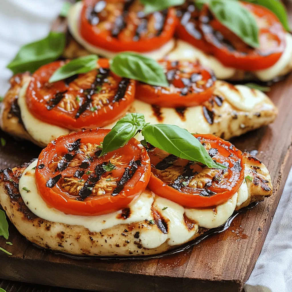 - 2 boneless, skinless chicken breasts - 2 tablespoons balsamic glaze - 2 tablespoons olive oil - Salt and pepper to taste - 1 cup fresh mozzarella, sliced - 1 large tomato, sliced - 1 cup fresh basil leaves - 1 teaspoon dried oregano - 1 clove garlic, minced
