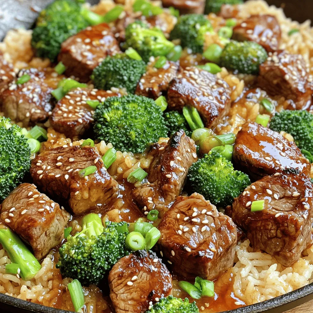 To make Honey Garlic Butter Steak and Rice Skillet, you need: - 1 lb (450g) sirloin steak, cut into bite-sized pieces - 2 cups cooked jasmine rice - 3 tablespoons unsalted butter - 4 cloves garlic, minced