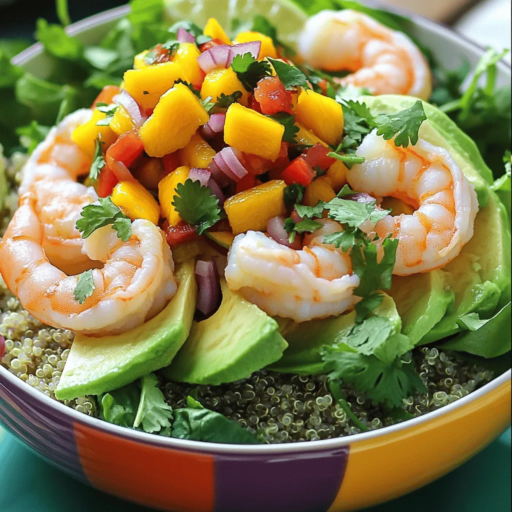 - 1 pound shrimp, peeled and deveined - 2 avocados, halved and pitted - 1 cup cooked quinoa - 1 large mango, diced - 1/2 red onion, finely chopped - 1 red bell pepper, diced - 1 jalapeño, minced (optional for heat) - 2 tablespoons fresh cilantro, chopped - 2 tablespoons lime juice - 1 tablespoon olive oil - Salt and pepper to taste - Mixed greens or baby spinach, for serving Shrimp provides high-quality protein and omega-3 fatty acids. These fats support heart health and brain function. Avocados are rich in healthy fats, vitamins, and fiber. They help maintain good cholesterol and aid digestion. Mangoes are sweet and full of vitamins A and C. They boost your immune system and improve skin health. Quinoa is a complete protein, making it great for muscle repair. It also has fiber that helps keep you full. Together, these ingredients make a tasty and healthy dish. You can swap shrimp with chicken, tofu, or even chickpeas. For quinoa, try brown rice or farro for a different grain. If avocados are hard to find, use hummus or a creamy yogurt instead. You can replace mango with pineapple or peaches for a fruity twist. Each swap can change the flavor while keeping the meal healthy and delicious. To prepare the shrimp, start by heating 1 tablespoon of olive oil in a large skillet over medium heat. Once the oil is hot, add 1 pound of peeled and deveined shrimp. Season them with salt and pepper to taste. Sauté the shrimp for about 3 to 4 minutes on each side. You want them to turn pink and opaque. This shows they are cooked. After cooking, remove the shrimp from the heat and set them aside. Next, you will make the mango salsa. Take a medium bowl and combine 1 diced mango, 1/2 finely chopped red onion, and 1 diced red bell pepper. If you like a bit of heat, add 1 minced jalapeño. Then, add 2 tablespoons of fresh chopped cilantro. Drizzle 2 tablespoons of lime juice over the mix and sprinkle in a pinch of salt. Gently toss all the ingredients together. Let the salsa sit so the flavors can blend. Now it's time to assemble your shrimp avocado bowls. Start with a serving plate. Create a bed of mixed greens or baby spinach on the plate. Next, take 2 halved and pitted avocados. Scoop out the flesh and slice it into wedges or cubes. Place the quinoa on one side of the plate. Add the sautéed shrimp next to the quinoa. Arrange the avocado slices attractively on the plate. Finally, top everything with a generous spoonful of mango salsa. If you want, drizzle a little extra lime juice over the bowls for added brightness. You can also sprinkle some extra cilantro on top for that aromatic finish. For the complete recipe, check out the Full Recipe. To cook shrimp just right, focus on timing. Avoid overcooking because shrimp can become rubbery. For tender shrimp, cook for 3-4 minutes per side. When they turn pink and opaque, they are ready. Always use medium heat. This helps the shrimp cook evenly without burning. Want to up the flavor? Consider adding spices like paprika or cayenne for a kick. Fresh herbs like dill or basil can also work wonders. If you want a zesty twist, mix in some lime zest. This adds freshness and pairs perfectly with the shrimp and mango salsa. Presentation matters! Use colorful bowls to make your dish pop. Arrange the shrimp, avocado, and mango salsa in a way that looks inviting. Garnish with cilantro or sesame seeds for extra flair. You can even layer the ingredients for a beautiful effect. Remember, we eat with our eyes first! {{image_2}} You can swap shrimp for other proteins. Chicken is a great choice. Use grilled or baked chicken breast. Tofu is also a tasty option. Just press and cube it before cooking. For a lighter taste, try fish. Salmon or tilapia will pair well with the other flavors. Feel free to get creative with extra ingredients. Corn adds sweetness and crunch. Black beans boost protein and fiber. Cheese, like feta or queso fresco, can add creaminess. You can also add sliced radishes for a peppery bite. Let your taste guide your choices! Serving styles can change how you enjoy this dish. Try it as a fresh salad on a hot day. Wrap the ingredients in a tortilla for a quick meal. You can even turn it into tacos! Simply fill soft tortillas with shrimp, avocado, and salsa. Each option brings a new twist to the flavor. To keep your shrimp avocado bowls fresh, store them properly. First, let everything cool down. Place the shrimp, avocado, and mango salsa in separate airtight containers. This keeps flavors from mixing. Store quinoa in another container. If you mix everything, the avocado may brown quickly. Use within 2-3 days for the best taste. Can you freeze the components? Yes, you can freeze shrimp and quinoa. Put shrimp in a freezer-safe bag. Remove as much air as possible. Freeze for up to 3 months. For quinoa, let it cool, then pack it in a container. Avocados do not freeze well, as they get mushy. Make fresh mango salsa when you are ready to eat. To reheat leftovers, use the stove or microwave. For the stove, heat a skillet over medium heat. Add shrimp and quinoa, stirring gently until hot. Do not overcook shrimp. In the microwave, place shrimp and quinoa in a bowl. Cover and heat for 1-2 minutes. Stir halfway through. Enjoy your meal while keeping the flavors strong! Shrimp cook quickly. It takes about 3 to 4 minutes per side. You want them to turn pink and opaque. Overcooking will make them tough. So, keep an eye on them. Use medium heat for the best results. Yes, you can prep some ingredients ahead of time. Cook the shrimp and quinoa earlier in the day. Store them in separate containers in the fridge. Chop the mango and make the salsa just before serving. Avocados should be cut right before you eat. This keeps them fresh and green. Yes, this dish is gluten-free! All the ingredients are safe for gluten-free diets. Just check any pre-packaged items like quinoa. Some brands may have cross-contamination. Always read the labels if you are sensitive to gluten. For the complete Shrimp Avocado Bowls with Mango Salsa recipe, check out the Full Recipe. In this post, we explored the tasty Shrimp Avocado Bowls with Mango Salsa. We covered ingredients and their health benefits, cooking steps, tips for great flavor, and storage advice. You can even switch shrimp with chicken or tofu for variety. Remember to try different presentations for added fun. This dish is easy to make and full of nutrition. Enjoy crafting your delicious bowls and impressing others with vibrant flavors and colors!