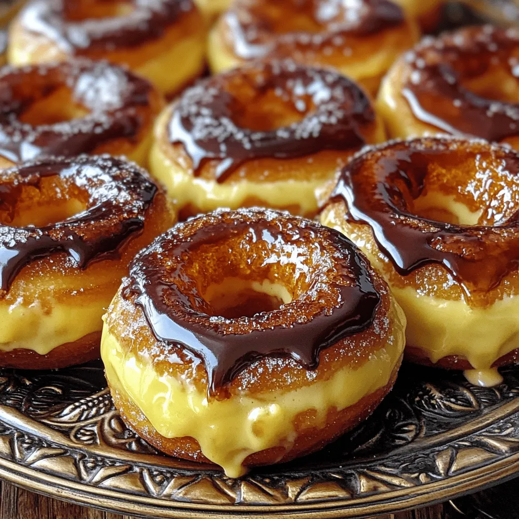 To make Crème Brûlée Donuts, gather these ingredients: - 2 cups all-purpose flour - 1/2 cup granulated sugar - 2 teaspoons baking powder - 1/4 teaspoon baking soda - 1/2 teaspoon salt - 1/2 teaspoon ground cinnamon - 1/4 cup unsalted butter, melted - 3/4 cup whole milk - 1 large egg - 1 teaspoon vanilla extract - 1 cup heavy cream - 1 tablespoon vanilla bean paste (or 1 vanilla bean, seeds scraped) - 3 egg yolks - 1/4 cup brown sugar - 1/2 teaspoon cornstarch - Additional granulated sugar for bruleeing