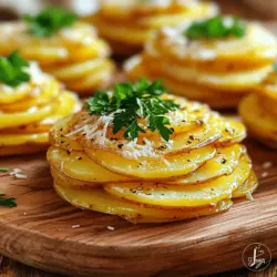 - 4 medium-sized Yukon Gold potatoes, thinly sliced - 4 cloves of garlic, minced - 2 tablespoons olive oil - 1 teaspoon dried thyme - 1 teaspoon dried rosemary - Salt and pepper to taste - Fresh parsley, chopped (for garnish) - ¼ cup grated Parmesan cheese (optional for topping)