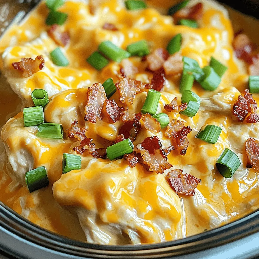 - 2 lbs chicken breast, boneless and skinless - 1 packet ranch seasoning mix - 8 oz cream cheese, softened - 1 cup shredded cheddar cheese - 4 slices cooked bacon, crumbled - 1 cup chicken broth - 1/2 cup green onions, sliced - Salt and pepper to taste Creamy Crack Chicken uses simple ingredients to create rich flavors. I love how easy it is to put together. The chicken breast is the star, and I always choose boneless and skinless for a tender bite. Ranch seasoning adds a tangy kick that makes this dish stand out. The cream cheese gives the dish its creamy texture. I recommend letting it sit out for a bit to soften. This way, it mixes in smoothly. Cheddar cheese boosts the flavor and adds a nice richness. Crumbled bacon adds a savory crunch you won’t want to miss. I use cooked bacon for ease, but feel free to cook it fresh if you prefer! Chicken broth keeps everything moist and flavorful. I use low-sodium broth to control the salt. For garnishing, I slice green onions for a fresh, crisp touch. Salt and pepper round out the dish nicely. If you're ready to make this delicious meal, check out the Full Recipe. First, grab your slow cooker. Place the 2 lbs of chicken breast at the bottom. Make sure the chicken is boneless and skinless for the best results. After that, sprinkle the ranch seasoning mix evenly over the chicken. This adds great flavor and aroma. Next, take 8 oz of softened cream cheese. Spread it right over the ranch-covered chicken. This cream cheese makes the dish creamy and rich. Now, pour in 1 cup of chicken broth. This keeps everything moist and helps the flavors blend well. Cover the slow cooker and set it to cook. You can choose low for 6-8 hours or high for 3-4 hours. The chicken will become tender during this time. Once cooked, use two forks to shred the chicken directly in the slow cooker. This step is fun and helps mix everything together. Now for the best part! Add 1 cup of shredded cheddar cheese and the crumbled bacon on top. Mix it all in until the cheese melts and everything is creamy. Taste it and season with salt and pepper as needed. This will make your creamy crack chicken perfect. You can find the full recipe above for more details on ingredients and instructions. For cooking Creamy Crack Chicken, you can use either slow cooking or pressure cooking. Slow cooking gives you tender, juicy chicken. It allows all the flavors to meld. Cook it on low for 6-8 hours. If you're in a hurry, pressure cooking works well too. You can cook it on high for about 20-30 minutes. Both methods yield great results. Just ensure you don’t overcook the chicken. Overcooked chicken can be dry and tough. To ensure juicy chicken, always check the internal temperature. The chicken should reach 165°F. After cooking, shred the chicken in the pot. This keeps it moist as you mix in the cheese and bacon. Creamy Crack Chicken pairs well with various sides. I suggest serving it with rice or baked potatoes. Fresh veggies like steamed broccoli or green beans add color and nutrition. You can also try serving it on a bun for a tasty sandwich. For a fun twist, serve it in taco shells. The creamy mixture fits perfectly inside. You can top it with lettuce, tomatoes, and additional cheese for extra flavor. Want to spice it up? Add chopped peppers to the mix. Bell peppers or jalapeños work great. They add a nice crunch and kick. You might also consider using different cheeses. Cream cheese gives a nice base, but you can add gouda or mozzarella. Each cheese brings a unique flavor to the dish. Just make sure to melt it well for that creamy texture. For the full recipe, refer to the earlier section. Enjoy your cooking! {{image_2}} You can make this dish lighter. Swap cream cheese for Greek yogurt. It adds creaminess and cuts fat. Low-sodium seasoning is another great choice. It keeps flavors without too much salt. Want to switch things up? Use turkey instead of chicken. It will taste great and be leaner. You can add veggies too. Try bell peppers, spinach, or broccoli. They boost nutrition and color. You don't have to stick to the slow cooker. An Instant Pot works well too. Just adjust the cooking time to about 15-20 minutes. An oven-baked version is also easy. Bake at 350°F for about an hour. This will yield juicy, tender chicken. For the full recipe, check the section above. It’s a great starting point for your delicious journey! To keep your creamy crack chicken fresh, use airtight containers. Glass or plastic containers work well. Make sure they seal tightly to lock in moisture. In the fridge, your dish will last about 3 to 4 days. Always check for any signs of spoilage before eating. If you want to freeze the chicken, let it cool first. Then, place it in freezer-safe bags or containers. Squeeze out as much air as you can. This helps prevent freezer burn. You can freeze it for up to 3 months. When ready to eat, thaw it in the fridge overnight. Reheat it on the stove or in the microwave until hot. For easy meals, portion your leftovers into single servings. This makes it simple to grab a meal on busy days. You can use leftover crack chicken in other recipes too. Try it in tacos, on salads, or mixed with pasta. Get creative and enjoy your tasty leftovers! You can make Creamy Crack Chicken on the stovetop or in the oven. Stovetop Instructions: 1. Heat a large skillet over medium heat. 2. Add the chicken breasts and cook for about 5 minutes on each side until browned. 3. Sprinkle ranch seasoning on the chicken. 4. Add cream cheese and chicken broth. 5. Cover and simmer for 20-25 minutes until chicken is cooked through. 6. Shred the chicken in the skillet and stir in the cheddar cheese and bacon. Oven Instructions: 1. Preheat your oven to 375°F (190°C). 2. Place chicken breasts in a baking dish. 3. Sprinkle ranch seasoning on top, then add cream cheese and chicken broth. 4. Cover the dish with foil and bake for 25-30 minutes. 5. Remove from the oven, shred the chicken, then mix in cheese and bacon. Yes, you can make Creamy Crack Chicken ahead of time. To prep, cook the chicken and let it cool. Store it in an airtight container in the fridge. It will last for up to 4 days. To reheat, warm it in the microwave or on the stovetop. Add a splash of broth if it seems dry. Creamy Crack Chicken pairs well with many sides. Complimentary Side Dishes: - Steamed broccoli or green beans - Mashed potatoes or rice - A fresh garden salad Drinks: - A light white wine - Iced tea or lemonade For a complete meal, mix and match these options. Enjoy your delicious dinner! This blog post covered how to make creamy crack chicken from scratch. We discussed the key ingredients, like chicken and ranch seasoning, and added tips for slow cooking. I shared variations to fit different diets and cooking methods. Finally, we went over storage and meal prep ideas. In my view, this dish is simple but tasty. You can easily customize it to your liking. Whether served on its own or with sides, creamy crack chicken is a crowd-pleaser. Enjoy experimenting with this dish!