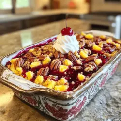 - 1 can (20 oz) cherry pie filling - 1 can (20 oz) crushed pineapple, drained - 1 box yellow cake mix (preferably gluten-free if desired) - 1/2 cup unsalted butter, melted The main ingredients make this cake quick and easy. First, you need cherry pie filling. This adds sweetness and a bright color. Next, crushed pineapple brings a juicy texture. It mixes well and adds a tropical twist. Then, the yellow cake mix provides a fluffy base. You can choose a gluten-free option if needed. Finally, melted butter gives richness and flavor. - 1 cup chopped pecans or walnuts - 1 teaspoon vanilla extract - Whipped cream or vanilla ice cream for serving Optional ingredients can elevate your cake. Chopped nuts add crunch and a nutty taste. Vanilla extract enhances the sweet notes, making it even more delicious. Serving the cake with whipped cream or ice cream creates a creamy contrast. This adds a fun touch that everyone loves. - Gluten-free options - Sugar-free alternatives - Nut-free substitutes You can adapt this recipe to fit different diets. For gluten-free, use a gluten-free cake mix. For a sugar-free treat, look for sugar-free pie filling. If nuts are a concern, simply skip them or use seeds instead. These variations ensure that everyone can enjoy this dessert. 1. Preheat your oven to 350°F (175°C). This step is key for even baking. 2. Grab a 9x13-inch baking dish. Coat it lightly with cooking spray or butter. 1. Open the can of cherry pie filling. Spread it evenly across the bottom of the dish. 2. Drain the crushed pineapple. Layer it over the cherries, making sure it covers them well. 1. In a medium bowl, mix the yellow cake mix, melted butter, and vanilla extract. You want a crumbly texture, not fully combined. 2. Sprinkle this mixture evenly over the cherry and pineapple layers. If you like, add chopped nuts on top for crunch. 1. Place the dish in the preheated oven. Bake for 45-50 minutes. The top should be golden brown, and the filling should bubble around the edges. 2. After baking, take it out and let it cool for a few minutes before cutting. This helps prevent spills when serving. To get your dump cake just right, follow these tips: - Ensuring even baking: Place your cake in the middle of the oven. This spot gets the best heat. Rotate the pan halfway through baking for a nice, even finish. Check for doneness near the end of the baking time. - Tips for a golden top: Use melted butter on the cake mix. This helps create a beautiful golden crust. If the top isn’t browning, try broiling it for a minute. Watch it closely to avoid burning. Serving your cherry pineapple dump cake can be fun and creative: - Ideal pairings with toppings: Whipped cream or vanilla ice cream are perfect. They add creaminess that contrasts the cake's sweetness. A sprinkle of chopped nuts adds crunch and flavor. - Creative serving ideas: Serve in small bowls with a cherry on top. You can also drizzle some chocolate sauce over it for an extra treat. Try using a clear dish to show off those lovely layers! Sometimes, things don’t go as planned. Here’s how to fix common problems: - Fixing a dry cake: If your cake is dry, it may need more butter. Next time, add a little more melted butter to the cake mix. You can also serve it warm with ice cream for extra moisture. - Handling overflow and bubbling: If your cake bubbles over, it’s probably too full. Use a larger dish next time. If it does overflow, place a baking sheet under the cake to catch drips. This makes cleanup easier. {{image_2}} You can switch up the flavors in your dump cake. One great option is to use peaches instead of cherries. Just swap out the cherry pie filling for peach filling. You can also mix in berries, like blueberries or raspberries, for a fun twist. Another fun idea is to add a chocolate twist. You can sprinkle chocolate chips on top of the cake mix. This adds a rich flavor that pairs nicely with the fruit. You might even try a chocolate cake mix instead of yellow. If you need a vegan version, use a vegan cake mix. Replace the butter with coconut oil or vegan butter. Make sure the pie filling and pineapple are also vegan-friendly. For a low-calorie option, look for a sugar-free cake mix. Use light butter or applesauce instead of regular butter. This way, you can enjoy your dessert without the extra calories. You can make this dump cake with seasonal fruits. In summer, use fresh strawberries or blueberries. In fall, add apples or pears for a cozy touch. These changes keep your dessert fresh and exciting. For holidays, think about themed dump cakes. Use cranberry sauce instead of cherry for Thanksgiving. Top it with cinnamon for a festive flavor. You can even make a chocolate version for Christmas by adding peppermint extract. This cake is so versatile! Check out the Full Recipe for all the details on making your Cherry Pineapple Dump Cake. To keep your Cherry Pineapple Dump Cake fresh, store it in the fridge. Use an airtight container to prevent it from drying out. If you want to save it for longer, freezing is a great option. Slice the cake into pieces and wrap each slice in plastic wrap. Then, place the wrapped slices in a freezer-safe bag. This method keeps the cake tasty for about three months. When you're ready to enjoy leftovers, the right reheating method matters. You can reheat slices in the microwave for quick results. Heat them for about 20 to 30 seconds. For a crispier top, use an oven. Preheat it to 350°F (175°C) and place the cake in for about 10 minutes. Avoid overheating or it may get soggy. In the fridge, your Cherry Pineapple Dump Cake lasts about 3 to 5 days. If you notice any mold or an off smell, it’s time to toss it. Look for any changes in color or texture as well. If it no longer looks or smells fresh, don’t take a chance. Enjoy your dessert while it’s still tasty! Cherry Pineapple Dump Cake is a simple dessert that has roots in American cooking. It combines sweet cherry pie filling with crushed pineapple and a buttery cake topping. You can make this cake in just a few steps, making it perfect for busy days. The dessert is known for its easy preparation. All you do is dump the ingredients into a baking dish and bake. You can serve it warm with whipped cream or ice cream to make it even better. Yes, you can prepare this dump cake ahead of time. To do this, layer the cherry pie filling and pineapple in the baking dish. You can mix the cake mix with butter and vanilla too. Cover everything with plastic wrap and store it in the fridge. When you are ready to bake, just remove the wrap and sprinkle the cake mix on top. This way, you save time on busy days. Yes, fresh fruit works well in this recipe. If you want to use fresh cherries and pineapple, you will need about two cups of each. Just pit and chop the cherries and peel and chop the pineapple. Fresh fruit adds a bright, tasty flavor. Keep in mind that fresh fruit may have more juice, so you might need to adjust baking time. If you don’t have yellow cake mix, there are a few alternatives. You can make your own mix using flour, sugar, baking powder, and salt. Another option is to use a different cake mix, like white or vanilla. Gluten-free mixes also work well for those with dietary needs. Just follow the package directions for the best results. If you want to learn more, check the Full Recipe for details! Cherry Pineapple Dump Cake is a simple yet delightful dessert. We explored its main and optional ingredients, from cherry pie filling to butter. You learned how to layer and bake the cake, along with tips to make it perfect. Final thoughts: This cake is flexible, allowing for many fun variations and dietary options. Enjoy making it and remember to try new flavors! Your creativity will make this dessert a hit every time.