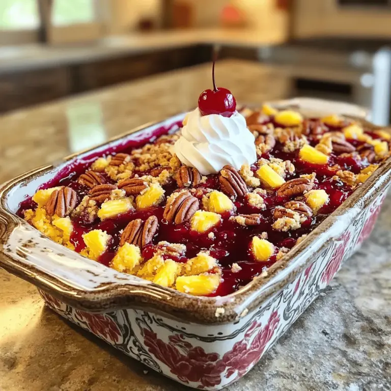 - 1 can (20 oz) cherry pie filling - 1 can (20 oz) crushed pineapple, drained - 1 box yellow cake mix (preferably gluten-free if desired) - 1/2 cup unsalted butter, melted The main ingredients make this cake quick and easy. First, you need cherry pie filling. This adds sweetness and a bright color. Next, crushed pineapple brings a juicy texture. It mixes well and adds a tropical twist. Then, the yellow cake mix provides a fluffy base. You can choose a gluten-free option if needed. Finally, melted butter gives richness and flavor. - 1 cup chopped pecans or walnuts - 1 teaspoon vanilla extract - Whipped cream or vanilla ice cream for serving Optional ingredients can elevate your cake. Chopped nuts add crunch and a nutty taste. Vanilla extract enhances the sweet notes, making it even more delicious. Serving the cake with whipped cream or ice cream creates a creamy contrast. This adds a fun touch that everyone loves. - Gluten-free options - Sugar-free alternatives - Nut-free substitutes You can adapt this recipe to fit different diets. For gluten-free, use a gluten-free cake mix. For a sugar-free treat, look for sugar-free pie filling. If nuts are a concern, simply skip them or use seeds instead. These variations ensure that everyone can enjoy this dessert. 1. Preheat your oven to 350°F (175°C). This step is key for even baking. 2. Grab a 9x13-inch baking dish. Coat it lightly with cooking spray or butter. 1. Open the can of cherry pie filling. Spread it evenly across the bottom of the dish. 2. Drain the crushed pineapple. Layer it over the cherries, making sure it covers them well. 1. In a medium bowl, mix the yellow cake mix, melted butter, and vanilla extract. You want a crumbly texture, not fully combined. 2. Sprinkle this mixture evenly over the cherry and pineapple layers. If you like, add chopped nuts on top for crunch. 1. Place the dish in the preheated oven. Bake for 45-50 minutes. The top should be golden brown, and the filling should bubble around the edges. 2. After baking, take it out and let it cool for a few minutes before cutting. This helps prevent spills when serving. To get your dump cake just right, follow these tips: - Ensuring even baking: Place your cake in the middle of the oven. This spot gets the best heat. Rotate the pan halfway through baking for a nice, even finish. Check for doneness near the end of the baking time. - Tips for a golden top: Use melted butter on the cake mix. This helps create a beautiful golden crust. If the top isn’t browning, try broiling it for a minute. Watch it closely to avoid burning. Serving your cherry pineapple dump cake can be fun and creative: - Ideal pairings with toppings: Whipped cream or vanilla ice cream are perfect. They add creaminess that contrasts the cake's sweetness. A sprinkle of chopped nuts adds crunch and flavor. - Creative serving ideas: Serve in small bowls with a cherry on top. You can also drizzle some chocolate sauce over it for an extra treat. Try using a clear dish to show off those lovely layers! Sometimes, things don’t go as planned. Here’s how to fix common problems: - Fixing a dry cake: If your cake is dry, it may need more butter. Next time, add a little more melted butter to the cake mix. You can also serve it warm with ice cream for extra moisture. - Handling overflow and bubbling: If your cake bubbles over, it’s probably too full. Use a larger dish next time. If it does overflow, place a baking sheet under the cake to catch drips. This makes cleanup easier. {{image_2}} You can switch up the flavors in your dump cake. One great option is to use peaches instead of cherries. Just swap out the cherry pie filling for peach filling. You can also mix in berries, like blueberries or raspberries, for a fun twist. Another fun idea is to add a chocolate twist. You can sprinkle chocolate chips on top of the cake mix. This adds a rich flavor that pairs nicely with the fruit. You might even try a chocolate cake mix instead of yellow. If you need a vegan version, use a vegan cake mix. Replace the butter with coconut oil or vegan butter. Make sure the pie filling and pineapple are also vegan-friendly. For a low-calorie option, look for a sugar-free cake mix. Use light butter or applesauce instead of regular butter. This way, you can enjoy your dessert without the extra calories. You can make this dump cake with seasonal fruits. In summer, use fresh strawberries or blueberries. In fall, add apples or pears for a cozy touch. These changes keep your dessert fresh and exciting. For holidays, think about themed dump cakes. Use cranberry sauce instead of cherry for Thanksgiving. Top it with cinnamon for a festive flavor. You can even make a chocolate version for Christmas by adding peppermint extract. This cake is so versatile! Check out the Full Recipe for all the details on making your Cherry Pineapple Dump Cake. To keep your Cherry Pineapple Dump Cake fresh, store it in the fridge. Use an airtight container to prevent it from drying out. If you want to save it for longer, freezing is a great option. Slice the cake into pieces and wrap each slice in plastic wrap. Then, place the wrapped slices in a freezer-safe bag. This method keeps the cake tasty for about three months. When you're ready to enjoy leftovers, the right reheating method matters. You can reheat slices in the microwave for quick results. Heat them for about 20 to 30 seconds. For a crispier top, use an oven. Preheat it to 350°F (175°C) and place the cake in for about 10 minutes. Avoid overheating or it may get soggy. In the fridge, your Cherry Pineapple Dump Cake lasts about 3 to 5 days. If you notice any mold or an off smell, it’s time to toss it. Look for any changes in color or texture as well. If it no longer looks or smells fresh, don’t take a chance. Enjoy your dessert while it’s still tasty! Cherry Pineapple Dump Cake is a simple dessert that has roots in American cooking. It combines sweet cherry pie filling with crushed pineapple and a buttery cake topping. You can make this cake in just a few steps, making it perfect for busy days. The dessert is known for its easy preparation. All you do is dump the ingredients into a baking dish and bake. You can serve it warm with whipped cream or ice cream to make it even better. Yes, you can prepare this dump cake ahead of time. To do this, layer the cherry pie filling and pineapple in the baking dish. You can mix the cake mix with butter and vanilla too. Cover everything with plastic wrap and store it in the fridge. When you are ready to bake, just remove the wrap and sprinkle the cake mix on top. This way, you save time on busy days. Yes, fresh fruit works well in this recipe. If you want to use fresh cherries and pineapple, you will need about two cups of each. Just pit and chop the cherries and peel and chop the pineapple. Fresh fruit adds a bright, tasty flavor. Keep in mind that fresh fruit may have more juice, so you might need to adjust baking time. If you don’t have yellow cake mix, there are a few alternatives. You can make your own mix using flour, sugar, baking powder, and salt. Another option is to use a different cake mix, like white or vanilla. Gluten-free mixes also work well for those with dietary needs. Just follow the package directions for the best results. If you want to learn more, check the Full Recipe for details! Cherry Pineapple Dump Cake is a simple yet delightful dessert. We explored its main and optional ingredients, from cherry pie filling to butter. You learned how to layer and bake the cake, along with tips to make it perfect. Final thoughts: This cake is flexible, allowing for many fun variations and dietary options. Enjoy making it and remember to try new flavors! Your creativity will make this dessert a hit every time.