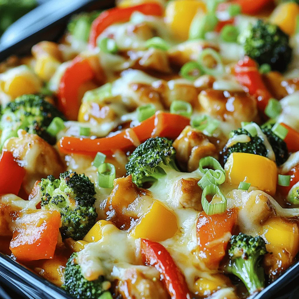 To make Teriyaki Chicken Casserole, gather these simple ingredients: - 2 cups cooked rice (white or brown) - 1 lb chicken breast, diced - 1 cup broccoli florets - 1 cup bell peppers, diced - 1 cup carrots, thinly sliced - 1/2 cup green onions, sliced - 1 cup shredded cheese (mozzarella or cheddar) - 3/4 cup teriyaki sauce - 2 tablespoons sesame oil - 1 tablespoon ginger, minced - 2 cloves garlic, minced - Salt and pepper to taste These ingredients create a hearty and flavorful dish. The chicken gives protein, while the veggies add crunch and color. The rice acts as a perfect base. You can switch out some ingredients if needed: - Chicken: Use tofu or shrimp for a different protein. - Rice: Quinoa or cauliflower rice works well too. - Vegetables: Try snap peas or zucchini for variety. - Cheese: You can use pepper jack or gouda for a twist. These swaps keep the dish fresh and fun. Feel free to mix things up based on what you have at home. Making your own teriyaki sauce is easy and quick. Here’s how: - Easy ingredients: Soy sauce, honey or brown sugar, garlic, and ginger. - Quick preparation steps: Mix soy sauce with honey in a pan. Add minced garlic and ginger. Heat until the sauce thickens slightly. This homemade version gives you control over the flavors. It can also be more healthy than store-bought options. For more details, check the Full Recipe. 1. Preheat your oven to 375°F (190°C). This step is key to cooking the dish evenly. 2. Grab a large skillet and heat 2 tablespoons of sesame oil over medium heat. Add minced garlic and ginger. Sauté for about 1 minute until you smell the great aroma. 3. Next, add 1 pound of diced chicken breast to the skillet. Season it with salt and pepper. Cook the chicken until it turns brown, which should take about 7 to 10 minutes. 4. Now, stir in 1 cup of broccoli florets, 1 cup of diced bell peppers, and 1 cup of sliced carrots. Cook these for another 4 to 5 minutes until they are slightly tender. 5. Pour in 3/4 cup of teriyaki sauce and mix well. This sauce will coat the chicken and veggies. Once mixed, remove the skillet from the heat. 6. In a large mixing bowl, combine the cooked rice (2 cups) with the chicken and vegetable mixture. Stir until everything is evenly mixed. 1. Transfer the rice and chicken mixture into a greased 9x13-inch casserole dish. Spread it out evenly. 2. Sprinkle 1 cup of shredded cheese on top. You can use mozzarella or cheddar for a great taste. 1. Cover the casserole dish with aluminum foil. This helps it bake evenly. Place it in the oven for 20 minutes. 2. After 20 minutes, remove the foil. Bake for another 10 minutes, or until the cheese is melted and bubbly. This gives you that perfect cheese texture. For the full recipe, check out the detailed ingredient list and cooking steps above. Enjoy your delicious teriyaki chicken casserole! To ensure your chicken is cooked properly, use a meat thermometer. Cook the chicken until it reaches 165°F (75°C). This way, you avoid undercooking or overcooking. To make flavorful chicken, marinate it in teriyaki sauce for at least 30 minutes. This adds depth and taste to your dish. To keep your vegetables crisp, don’t overcook them. Sauté them for just a few minutes until they are bright and vibrant. For broccoli, cook for 3-4 minutes. For bell peppers, 4-5 minutes works well. Carrots should be thinly sliced and can cook for 2-3 minutes. This timing keeps them crunchy and colorful. Choosing the best melting cheese can elevate your casserole. Mozzarella and cheddar are great options. They melt well and give a nice pull. To achieve a golden-brown topping, broil the casserole for a minute or two after baking. Watch closely to avoid burning. Enjoy the melty, cheesy goodness! {{image_2}} You can switch up the protein in this dish. If you want to use something other than chicken, try tofu or shrimp. Tofu works well for a vegetarian option. It absorbs flavors nicely and adds a great texture. For shrimp lovers, use fresh or frozen shrimp. Just make sure to adjust the cooking time since shrimp cooks fast. Want to boost the flavor? Add spices like pepper or garlic powder. Fresh herbs like cilantro or green onions can also add a nice finish. If you're feeling adventurous, try different sauces. You could use a sweet chili sauce or a spicy Szechuan sauce. Each will give your casserole a unique twist. This casserole pairs well with simple side dishes. Try a fresh salad or steamed vegetables. They add color and crunch to your meal. For presentation, serve it in a nice dish. A sprinkle of sesame seeds on top can make it look more appealing. You can also add a drizzle of teriyaki sauce for extra flavor. For the full recipe, check out the cooking instructions above! To keep your teriyaki chicken casserole fresh, first let it cool. Place it in a shallow dish. Use airtight containers or wrap it tightly with plastic wrap. This helps to lock in moisture and flavor. Store it in the fridge for the best results. You can freeze this casserole too! To do this, let it cool completely. Next, cut it into portions. Wrap each piece in plastic wrap, then place them in freezer bags. Make sure to remove as much air as possible. When you're ready to eat, thaw it in the fridge overnight. Reheat it in the oven at 350°F (175°C) until hot. In the fridge, your casserole lasts about 3 to 4 days. If you freeze it, it can stay good for up to 3 months. Always check for signs of spoilage. If you see any mold or if it smells off, it’s best to toss it. Enjoy your tasty meal knowing it can last! You can use many grains or veggies instead of rice. Consider quinoa or cauliflower rice for a low-carb option. Both choices add texture and flavor to your dish. If you prefer veggies, try using spiralized zucchini or even sweet potatoes. These alternatives will still soak up the teriyaki sauce well. Yes, you can prep this casserole in advance. Cook the chicken and veggies, then mix them with the rice. Store the mixture in the fridge until you are ready to bake. When it's time to eat, just pour it into the casserole dish, add cheese, and bake. This saves time on busy days. This recipe works great for meal prep. Portion out the casserole into individual containers after baking. You can easily store them in the fridge for quick meals. Each serving is simple to heat in the microwave. This method makes your weeknight dinners stress-free. The recipe is not spicy, making it perfect for everyone. If you want more heat, add red pepper flakes or sriracha to the teriyaki sauce. Start with a small amount and taste as you go. This way, you can adjust the spice to match your taste. Yes, store-bought teriyaki sauce works well. Look for brands with natural ingredients and no high-fructose corn syrup. Some good options include Kikkoman and Soy Vay. These brands offer rich flavors that blend nicely in the casserole. Many sides pair well with this dish. Steamed veggies like green beans or snap peas work well. You can also serve a simple salad with a light dressing. For a heartier option, try garlic bread or Asian-style coleslaw. These sides will enhance your meal beautifully. This article covers a flavorful Teriyaki Chicken Casserole. We explored the key ingredients and simple steps to create it. I shared useful tips for cooking chicken, keeping veggies crisp, and achieving the best cheese topping. Variations let you customize your dish, while storage details ensure freshness. In summary, this casserole offers easy meal prep and delicious tastes. It's perfect for family dinners or gatherings. Enjoy cooking this dish and impressing your guests with your skills!