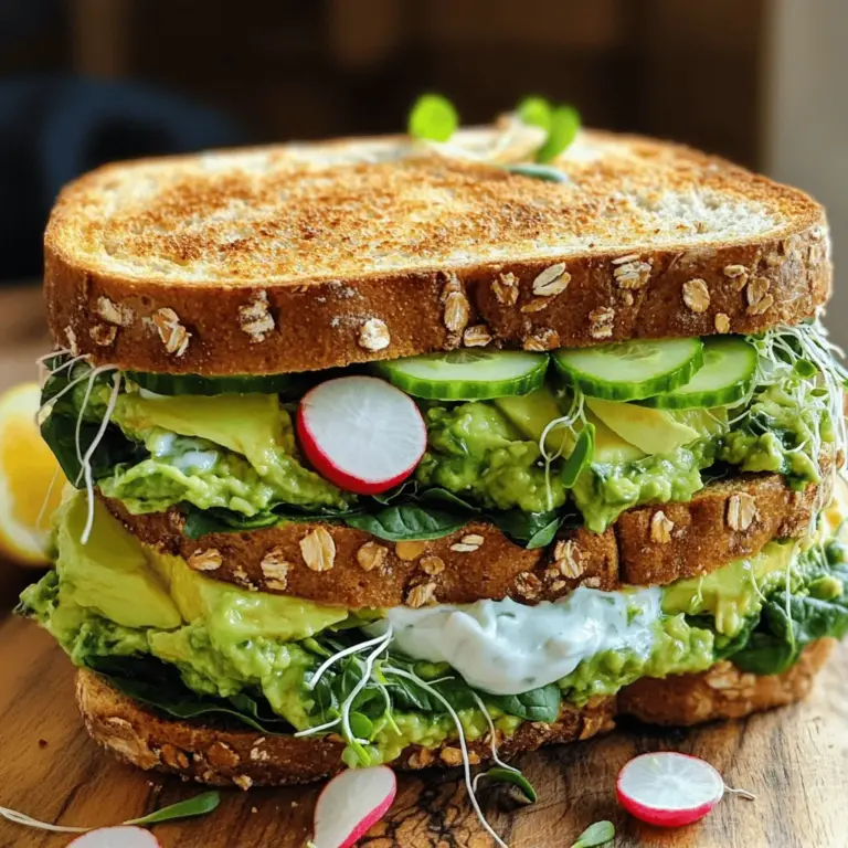 To make a Green Goddess Sandwich, you need the following fresh ingredients: - 2 slices of whole grain bread - 1 ripe avocado, smashed - 1 cup fresh spinach leaves - 1/4 cup fresh basil leaves - 1/4 cup Greek yogurt (or a dairy-free alternative) - 1 tablespoon lemon juice - 1 clove garlic, minced - Salt and pepper to taste - 1/2 cucumber, thinly sliced - 1/4 cup alfalfa sprouts (optional) - 1/4 cup sliced radishes (for added crunch)