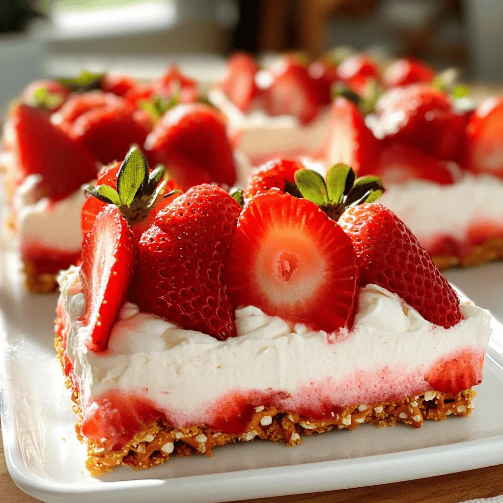 To make the delightful Strawberry Pretzel Salad, gather these simple ingredients: - 2 cups pretzel twists - 3 tablespoons granulated sugar - ½ cup unsalted butter, melted - 8 oz cream cheese, softened - 1 cup powdered sugar - 1 cup whipped topping (like Cool Whip) - 2 cups fresh strawberries, hulled and sliced - 1 package (6 oz) strawberry gelatin - 2 cups boiling water - 1 cup cold water