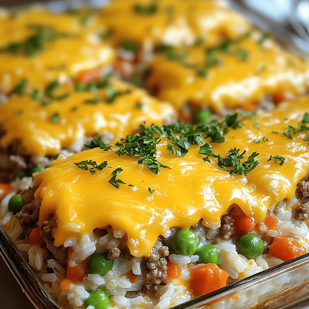 The key ingredients for this dish make it simple and tasty. Here’s what you need: - 1 lb ground beef - 1 cup uncooked white rice - 2 cups beef broth - 1 can (15 oz) diced tomatoes (with juice) - 1 cup frozen peas and carrots - 1 onion, diced - 2 cloves garlic, minced - 1 teaspoon Italian seasoning - 1 cup shredded cheddar cheese - Salt and pepper to taste - Optional: chopped fresh parsley for garnish