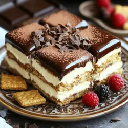 - 2 boxes (3.4 oz each) instant vanilla pudding mix - 4 cups cold milk - 1 container (8 oz) whipped topping, thawed - 1 package (14 oz) graham crackers - 1 cup semi-sweet chocolate chips - 1/4 cup unsweetened cocoa powder - 1/4 cup butter - 2 cups powdered sugar - 1 teaspoon vanilla extract