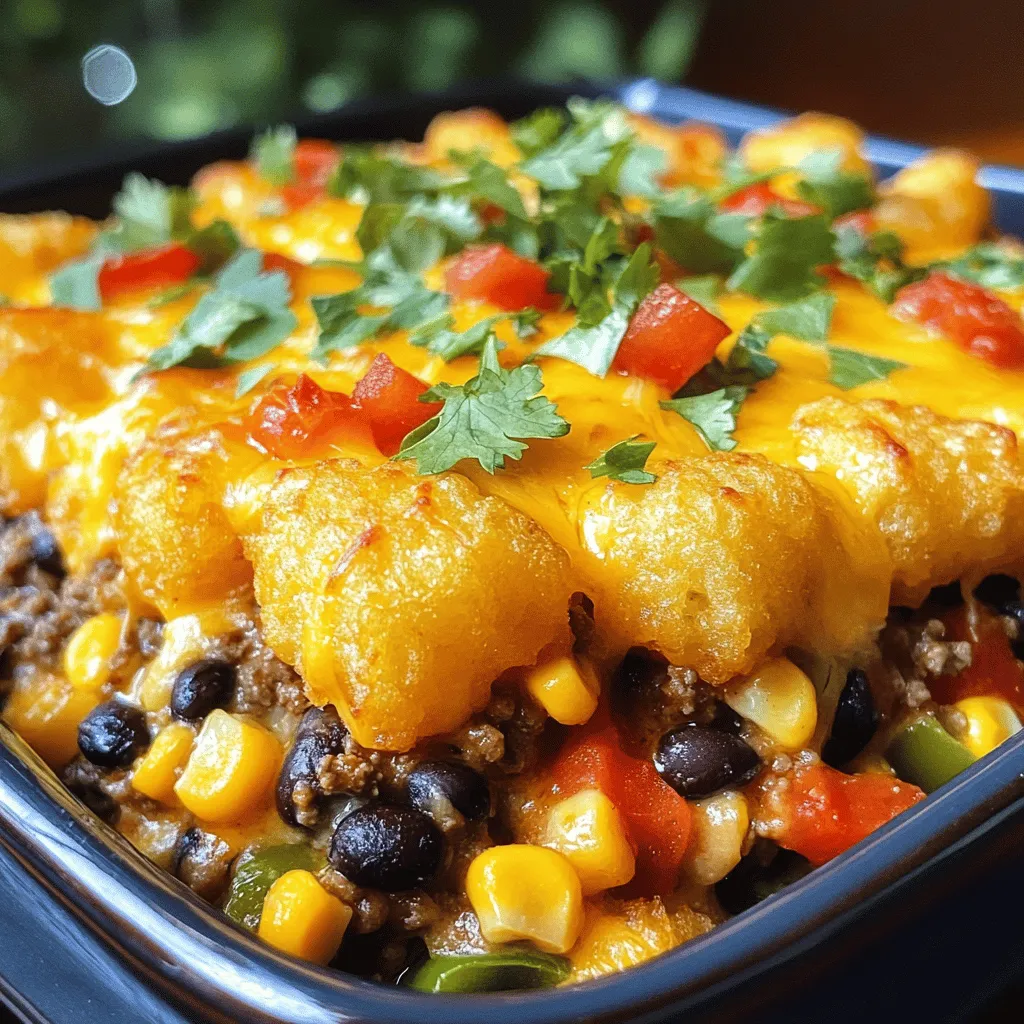 To make Easy Cowboy Casserole, gather these ingredients: - 1 pound ground beef (or turkey) - 1 can (15 oz) black beans, drained and rinsed - 1 can (15 oz) corn, drained - 1 can (10.5 oz) diced tomatoes with green chilies - 1 packet taco seasoning - 2 cups frozen tater tots - 1 cup shredded cheddar cheese - 1 cup diced bell peppers (red, green, or yellow) - 1 small onion, diced - 2 cloves garlic, minced - Salt and pepper to taste - Fresh cilantro or green onions for garnish (optional) You can easily swap some ingredients based on what you have. Use ground turkey for a leaner option. If you're low on beans, you can use kidney beans or pinto beans instead. For a vegetarian version, try using lentils or a meat substitute. You can also change the cheese. Pepper jack or mozzarella adds a nice twist. If you want to spice it up, add jalapeños or hot sauce. Feel free to add other vegetables like zucchini or spinach for extra nutrition. When selecting ingredients, look for bright colors and firm textures. Choose ground beef that is red and not brown. For vegetables, choose bell peppers that are unblemished and firm. Fresh garlic should feel hard and not sprout. Always check expiration dates on canned goods. If you can, buy organic for better flavor and health. This way, your Easy Cowboy Casserole will taste even better. You can find the full recipe in the next section for easy cooking! First, gather all your ingredients. You will need: - 1 pound ground beef (or turkey) - 1 can (15 oz) black beans, drained and rinsed - 1 can (15 oz) corn, drained - 1 can (10.5 oz) diced tomatoes with green chilies - 1 packet taco seasoning - 2 cups frozen tater tots - 1 cup shredded cheddar cheese - 1 cup diced bell peppers (red, green, or yellow) - 1 small onion, diced - 2 cloves garlic, minced - Salt and pepper to taste - Fresh cilantro or green onions for garnish (optional) Next, preheat your oven to 375°F (190°C). This step ensures your casserole bakes evenly. Then, take a large skillet and heat it over medium heat. Add your ground beef or turkey. Cook until it is browned, which should take about 5 to 7 minutes. Break it up with a spoon as it cooks. After, drain any excess fat from the pan. Now, add the diced onion and minced garlic to the skillet. Sauté these until the onion becomes translucent, about 3 to 4 minutes. This step adds great flavor to your dish. Stir in the taco seasoning, black beans, corn, and diced tomatoes. Mix everything well and let it cook for another 2 minutes to warm through. This mixture is the heart of your casserole. After your beef mixture is ready, transfer it to a greased 9x13-inch casserole dish. Spread it evenly so that all bites are delicious. Next, take the frozen tater tots and spread them over the beef mixture. Make sure to cover the top evenly. This will become a crispy layer. Place the casserole in your preheated oven. Bake it for 25 minutes. Once the time is up, remove the casserole from the oven. Sprinkle the shredded cheddar cheese on top. Then, return it to the oven and bake for an additional 10 to 15 minutes. This will melt the cheese and make everything bubbly. When it is done, take it out and let it cool for a few minutes. If you like, garnish with fresh cilantro or diced green onions before serving. Enjoy your Easy Cowboy Casserole! For more details, check the Full Recipe. To get the best out of your Easy Cowboy Casserole, use fresh ingredients. Start with good quality ground beef or turkey. Brown it well to enhance flavor. Mix the taco seasoning thoroughly for even taste. Layer the tater tots evenly on top. This helps them cook perfectly. Bake until golden brown, but watch closely to avoid burning. One common mistake is overcooking the beef. This can make it dry and tough. Avoid adding too much liquid; you want a thick mixture. Don’t skip the cheese! It adds creaminess and flavor. Lastly, let it cool for a few minutes before serving. This helps the layers set and makes it easier to serve. Serve your Easy Cowboy Casserole with a side salad for a fresh contrast. You can also add toppings like sour cream or avocado for creaminess. Fresh cilantro or green onions add a nice pop of color and flavor. For a spicy kick, try jalapeños or hot sauce. These add excitement to each bite. {{image_2}} You can make a tasty cowboy casserole without meat. Use lentils or mushrooms instead of beef. They add great flavor and texture. For a vegan twist, swap cheese for a plant-based alternative. Use veggie broth and add more beans for protein. Spinach or zucchini also works well for extra nutrients. Feel free to get creative with your ingredients. Try different beans like pinto or kidney beans. If you love spice, add jalapeños or hot sauce. For a smokier taste, consider using smoked paprika. You can even switch out the tater tots for sweet potatoes or hash browns. These swaps can make your casserole unique and delicious. Different areas have their own spins on cowboy casserole. In the Southwest, adding green chiles can enhance the heat. In the Midwest, you might see a layer of cream of mushroom soup for creaminess. In the South, incorporating collard greens or okra can give it a Southern flair. Each twist showcases local flavors and ingredients, making it fun to explore. For the full recipe, check out the Easy Cowboy Casserole. Enjoy making it your own! After you enjoy your Easy Cowboy Casserole, store leftovers properly. Let the dish cool first. Use an airtight container. This keeps the casserole fresh and safe to eat. You can also cover the dish with plastic wrap. Make sure to press out any air to prevent spoilage. When you're ready to eat leftovers, reheat with care. Preheat your oven to 350°F (175°C). Place the casserole in an oven-safe dish. Cover it with foil to keep it moist. Heat for about 20-25 minutes. Check if it's warmed all the way through before serving. You can also use the microwave for a quicker option. Just heat in short bursts, stirring in between. Want to save some for later? Freezing is a great option. Let the casserole cool completely. Then, portion it into freezer-safe containers. Leave some space in each container for expansion. Label each one with the date. It can last up to three months in the freezer. When you're ready to eat, thaw it in the fridge overnight before reheating. Enjoy your delicious meal anytime! You can use ground turkey, chicken, or even plant-based meat. These options keep the dish tasty and healthy. If you want a vegetarian option, use extra beans or lentils. They add protein and fiber. You can also try crumbled tofu for a plant-based twist. Just make sure to season it well for great flavor. Easy Cowboy Casserole stays fresh in the fridge for about 3 to 5 days. Store it in an airtight container to keep it tasty. When you reheat, ensure it's hot all the way through. If you notice any off smells or changes in texture, it's best to toss it. Safety first! Yes, you can prepare Easy Cowboy Casserole ahead of time. Just follow the recipe, but stop before baking. Cover it tightly and store it in the fridge for up to 24 hours. When you're ready, bake it as instructed. You can also freeze it for up to 2 months. Just remember to thaw it in the fridge before baking. In this article, we explored the Easy Cowboy Casserole. We listed key ingredients, tips for freshness, and smart substitutions. I provided step-by-step cooking and baking instructions for great results. We discussed common mistakes to avoid and how to serve this dish well. You also learned about variations, storage, and some FAQs. This recipe fits many tastes and needs. Enjoy making your own version of this classic dish!
