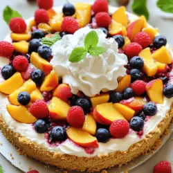 To make this cheesecake, you need: - 1 ½ cups graham cracker crumbs - ½ cup unsalted butter, melted - 1 cup cream cheese, softened - 1 cup ricotta cheese - ½ cup powdered sugar Using fresh fruit makes this cheesecake special. You will need: - 1 cup fresh peaches, diced - 1 cup mixed berries (strawberries, blueberries, raspberries) These ingredients help bring the cheesecake together: - 1 tablespoon lemon juice - 1 tablespoon cornstarch - 1 cup heavy whipping cream - Fresh mint leaves for garnish When you choose your fruit, look for ripe peaches and juicy berries. They add flavor and color. You can find the full recipe at the end for all the steps to create this delightful dessert. Enjoy making this treat! - Preheat the oven to 350°F (175°C). - Combine graham cracker crumbs and melted butter until mixed. - Press mixture into a 9-inch springform pan and bake for 10 minutes. Creating the crust is simple and fun. I love the crunch of graham crackers. They give a nice base for the creamy cheesecake. Be sure to press firmly, so it holds together. Bake it until golden, then let it cool. - Beat cream cheese and ricotta until creamy. - Mix in powdered sugar and vanilla extract. Next, I make the filling. The cream cheese and ricotta blend together well. This combination gives a rich taste. Add powdered sugar and vanilla for sweetness. Mix until smooth and creamy. - Gently fold in diced peaches and mixed berries. - Mix lemon juice and cornstarch, then fold into cheesecake mixture. Now, it's time to add the fruit. I love using fresh peaches and berries. They add color and flavor. Make sure to fold gently to keep their shape. Then, mix lemon juice and cornstarch. This helps the cheesecake set well. - Whip heavy cream until stiff peaks form. - Gently incorporate whipped cream into cheesecake filling. Next, I whip the heavy cream. It should be light and fluffy, with stiff peaks. This makes the cheesecake airy. Gently fold the whipped cream into the filling. This step is key for a smooth texture. - Pour cheesecake filling over cooled crust. - Smooth the top and refrigerate for at least 4 hours. Finally, pour the filling onto the crust. Smooth the top with a spatula. Cover it and chill in the fridge. I usually let it sit for at least 4 hours. This helps all the flavors meld together. You can find the full recipe in the article. When making Summer Berry Peach Cheesecake, start with ripe peaches. Look for peaches that feel soft but not mushy. Their skin should have a lovely golden hue. The flavor of ripe peaches makes a big difference in your cheesecake. Next, choose fresh berries. For strawberries, pick bright red ones with no green leaves. Blueberries should be plump and firm. Raspberries need to be vibrant and not squished. Fresh berries add a burst of flavor and color to your dessert. Refrigeration is key for a firm cheesecake. Let it chill for at least four hours. This will help the cheesecake hold its shape when you cut into it. If you can, chill it overnight for the best results. To prevent cracks, avoid overmixing your filling. Be gentle when folding in the whipped cream and fruit. A slow, gentle motion helps keep air in the mix. This keeps your cheesecake light and fluffy, reducing the chance of cracks. Present your cheesecake with flair! Consider topping it with a drizzle of berry sauce. You can also add extra fresh fruit on top for a pop of color. For a fun touch, place mint leaves around the edge. Pair your cheesecake with a scoop of vanilla ice cream or a dollop of whipped cream. These additions make each bite even more delightful. Enjoy your Summer Berry Peach Cheesecake in style! For the full recipe, check out the detailed instructions above. {{image_2}} For a no-bake version, skip the oven. Start by mixing the graham cracker crumbs and melted butter. Press the mixture into a springform pan. Chill it in the fridge for about 30 minutes. Next, beat the cream cheese and ricotta until smooth. Add powdered sugar and vanilla extract, mixing well. Fold in the peaches and berries gently to keep them whole. Instead of baking, mix lemon juice and cornstarch. This helps to thicken the cream mixture. Fold this into your fruit and cheese mix. Finally, whip heavy cream until stiff peaks form and gently blend it in. Pour this filling into your crust and chill for at least 4 hours. Key differences: - No baking time involved. - The filling remains creamy without heat. To make a vegan version, use plant-based cream cheese and coconut cream. Substitute the ricotta with soaked cashews blended until smooth. Replace powdered sugar with maple syrup or agave. For a creamy texture, add a bit of coconut milk. You can also use agar-agar instead of cornstarch to help it set. Just mix it with water and boil to activate. Tips for a creamy texture: - Soak cashews overnight for a smoother blend. - Use full-fat coconut cream for richness. You can change the taste by adding different fruits. Try diced mango or kiwi for a fresh twist. A touch of lemon zest or orange zest adds citrus notes. For a richer flavor, consider adding chocolate or nuts. Chopped dark chocolate can enhance sweetness. A sprinkle of crushed almonds or walnuts adds crunch. Explore these variations to find your favorite blend. Each option allows you to enjoy the Summer Berry Peach Cheesecake in a new way. For the full recipe, check out the details above. To store leftover cheesecake, cover it with plastic wrap. Place it in the fridge. This keeps it fresh for later. If you want to store it longer, you can freeze it. First, cut the cheesecake into slices. Wrap each slice in plastic wrap. Then place the slices in an airtight container. This helps prevent freezer burn. When you want to enjoy a slice, let it thaw in the fridge overnight. When stored properly, cheesecake lasts about 5 to 7 days in the fridge. Always check the look and smell before eating. If you see mold or if it smells off, do not eat it. Fresh cheesecake should look creamy and smooth. If it feels dry or has a strange texture, it is best to throw it away. You can tell the cheesecake is set when the edges look firm and the center is slightly wobbly. It should not be liquid but still have a slight jiggle. Once it chills in the fridge, the wobbly part firms up. Refrigerate for at least four hours for the best results. Yes, you can make this cheesecake a day or two in advance. This gives the flavors time to blend. Just cover it well and store it in the fridge. This way, you can enjoy the dessert without rush on the day you plan to serve it. If you don’t have a springform pan, you can use a regular cake pan. Just make sure to line the bottom and sides with parchment paper. This will help you remove the cheesecake later. A pie dish works too, but the cheesecake will be thicker. Yes, you can use frozen fruits. Just thaw them and drain any excess liquid before adding them to the cheesecake. Frozen fruits may release more juice than fresh ones, so adjust the cornstarch a bit to keep the filling firm. To prevent cracks, do not overbeat the filling. Mix until smooth but not too airy. Bake at a lower temperature and avoid opening the oven door often. After baking, let it cool slowly in the oven before chilling. These steps help keep your cheesecake looking perfect. This blog post covered all you need to know for a tasty Summer Berry Peach Cheesecake. We discussed essential ingredients, step-by-step instructions, tips for perfection, and fun variations. Remember to chill your cheesecake well for the best results. Don’t hesitate to try fresh fruits or even a vegan version. Enjoy making this treat with loved ones, and share your creations! With this recipe, you can impress everyone at your next gathering.