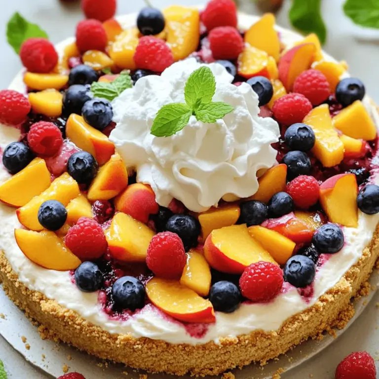 To make this cheesecake, you need: - 1 ½ cups graham cracker crumbs - ½ cup unsalted butter, melted - 1 cup cream cheese, softened - 1 cup ricotta cheese - ½ cup powdered sugar Using fresh fruit makes this cheesecake special. You will need: - 1 cup fresh peaches, diced - 1 cup mixed berries (strawberries, blueberries, raspberries) These ingredients help bring the cheesecake together: - 1 tablespoon lemon juice - 1 tablespoon cornstarch - 1 cup heavy whipping cream - Fresh mint leaves for garnish When you choose your fruit, look for ripe peaches and juicy berries. They add flavor and color. You can find the full recipe at the end for all the steps to create this delightful dessert. Enjoy making this treat! - Preheat the oven to 350°F (175°C). - Combine graham cracker crumbs and melted butter until mixed. - Press mixture into a 9-inch springform pan and bake for 10 minutes. Creating the crust is simple and fun. I love the crunch of graham crackers. They give a nice base for the creamy cheesecake. Be sure to press firmly, so it holds together. Bake it until golden, then let it cool. - Beat cream cheese and ricotta until creamy. - Mix in powdered sugar and vanilla extract. Next, I make the filling. The cream cheese and ricotta blend together well. This combination gives a rich taste. Add powdered sugar and vanilla for sweetness. Mix until smooth and creamy. - Gently fold in diced peaches and mixed berries. - Mix lemon juice and cornstarch, then fold into cheesecake mixture. Now, it's time to add the fruit. I love using fresh peaches and berries. They add color and flavor. Make sure to fold gently to keep their shape. Then, mix lemon juice and cornstarch. This helps the cheesecake set well. - Whip heavy cream until stiff peaks form. - Gently incorporate whipped cream into cheesecake filling. Next, I whip the heavy cream. It should be light and fluffy, with stiff peaks. This makes the cheesecake airy. Gently fold the whipped cream into the filling. This step is key for a smooth texture. - Pour cheesecake filling over cooled crust. - Smooth the top and refrigerate for at least 4 hours. Finally, pour the filling onto the crust. Smooth the top with a spatula. Cover it and chill in the fridge. I usually let it sit for at least 4 hours. This helps all the flavors meld together. You can find the full recipe in the article. When making Summer Berry Peach Cheesecake, start with ripe peaches. Look for peaches that feel soft but not mushy. Their skin should have a lovely golden hue. The flavor of ripe peaches makes a big difference in your cheesecake. Next, choose fresh berries. For strawberries, pick bright red ones with no green leaves. Blueberries should be plump and firm. Raspberries need to be vibrant and not squished. Fresh berries add a burst of flavor and color to your dessert. Refrigeration is key for a firm cheesecake. Let it chill for at least four hours. This will help the cheesecake hold its shape when you cut into it. If you can, chill it overnight for the best results. To prevent cracks, avoid overmixing your filling. Be gentle when folding in the whipped cream and fruit. A slow, gentle motion helps keep air in the mix. This keeps your cheesecake light and fluffy, reducing the chance of cracks. Present your cheesecake with flair! Consider topping it with a drizzle of berry sauce. You can also add extra fresh fruit on top for a pop of color. For a fun touch, place mint leaves around the edge. Pair your cheesecake with a scoop of vanilla ice cream or a dollop of whipped cream. These additions make each bite even more delightful. Enjoy your Summer Berry Peach Cheesecake in style! For the full recipe, check out the detailed instructions above. {{image_2}} For a no-bake version, skip the oven. Start by mixing the graham cracker crumbs and melted butter. Press the mixture into a springform pan. Chill it in the fridge for about 30 minutes. Next, beat the cream cheese and ricotta until smooth. Add powdered sugar and vanilla extract, mixing well. Fold in the peaches and berries gently to keep them whole. Instead of baking, mix lemon juice and cornstarch. This helps to thicken the cream mixture. Fold this into your fruit and cheese mix. Finally, whip heavy cream until stiff peaks form and gently blend it in. Pour this filling into your crust and chill for at least 4 hours. Key differences: - No baking time involved. - The filling remains creamy without heat. To make a vegan version, use plant-based cream cheese and coconut cream. Substitute the ricotta with soaked cashews blended until smooth. Replace powdered sugar with maple syrup or agave. For a creamy texture, add a bit of coconut milk. You can also use agar-agar instead of cornstarch to help it set. Just mix it with water and boil to activate. Tips for a creamy texture: - Soak cashews overnight for a smoother blend. - Use full-fat coconut cream for richness. You can change the taste by adding different fruits. Try diced mango or kiwi for a fresh twist. A touch of lemon zest or orange zest adds citrus notes. For a richer flavor, consider adding chocolate or nuts. Chopped dark chocolate can enhance sweetness. A sprinkle of crushed almonds or walnuts adds crunch. Explore these variations to find your favorite blend. Each option allows you to enjoy the Summer Berry Peach Cheesecake in a new way. For the full recipe, check out the details above. To store leftover cheesecake, cover it with plastic wrap. Place it in the fridge. This keeps it fresh for later. If you want to store it longer, you can freeze it. First, cut the cheesecake into slices. Wrap each slice in plastic wrap. Then place the slices in an airtight container. This helps prevent freezer burn. When you want to enjoy a slice, let it thaw in the fridge overnight. When stored properly, cheesecake lasts about 5 to 7 days in the fridge. Always check the look and smell before eating. If you see mold or if it smells off, do not eat it. Fresh cheesecake should look creamy and smooth. If it feels dry or has a strange texture, it is best to throw it away. You can tell the cheesecake is set when the edges look firm and the center is slightly wobbly. It should not be liquid but still have a slight jiggle. Once it chills in the fridge, the wobbly part firms up. Refrigerate for at least four hours for the best results. Yes, you can make this cheesecake a day or two in advance. This gives the flavors time to blend. Just cover it well and store it in the fridge. This way, you can enjoy the dessert without rush on the day you plan to serve it. If you don’t have a springform pan, you can use a regular cake pan. Just make sure to line the bottom and sides with parchment paper. This will help you remove the cheesecake later. A pie dish works too, but the cheesecake will be thicker. Yes, you can use frozen fruits. Just thaw them and drain any excess liquid before adding them to the cheesecake. Frozen fruits may release more juice than fresh ones, so adjust the cornstarch a bit to keep the filling firm. To prevent cracks, do not overbeat the filling. Mix until smooth but not too airy. Bake at a lower temperature and avoid opening the oven door often. After baking, let it cool slowly in the oven before chilling. These steps help keep your cheesecake looking perfect. This blog post covered all you need to know for a tasty Summer Berry Peach Cheesecake. We discussed essential ingredients, step-by-step instructions, tips for perfection, and fun variations. Remember to chill your cheesecake well for the best results. Don’t hesitate to try fresh fruits or even a vegan version. Enjoy making this treat with loved ones, and share your creations! With this recipe, you can impress everyone at your next gathering.