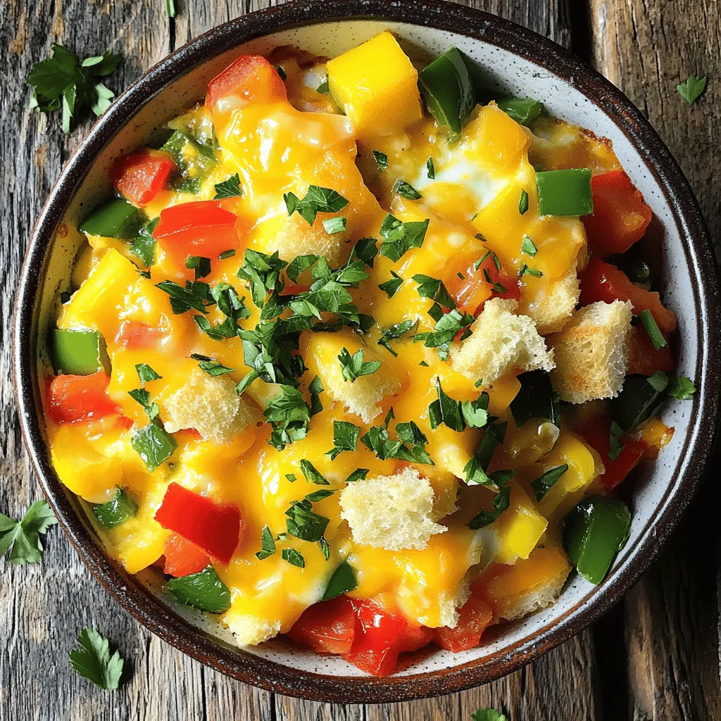 Here is what you need for a tasty breakfast casserole: - 8 large eggs - 1 cup milk - 1 teaspoon salt - 1/2 teaspoon black pepper - 1 teaspoon garlic powder - 1 teaspoon smoked paprika - 2 cups diced bell peppers (red, yellow, and green) - 1 cup chopped spinach (fresh or frozen) - 1 cup diced tomatoes (drained if canned) - 1 cup shredded cheddar cheese - 1 cup diced cooked breakfast sausage or veggie sausage (optional) - 4 cups cubed bread (French or sourdough)
