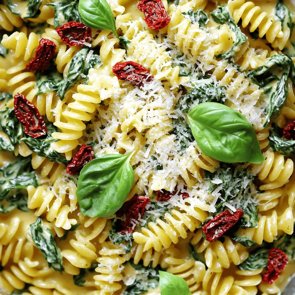 - Rotini pasta (12 oz) - Fresh spinach (1 cup, roughly chopped) - Sun-dried tomatoes in oil (1/2 cup, drained and sliced) - Heavy cream (1 cup) - Grated Parmesan cheese (1 cup) - Garlic (3 cloves, minced) - Olive oil (1 tablespoon) - Salt and pepper to taste - Fresh basil leaves (for garnish, optional)