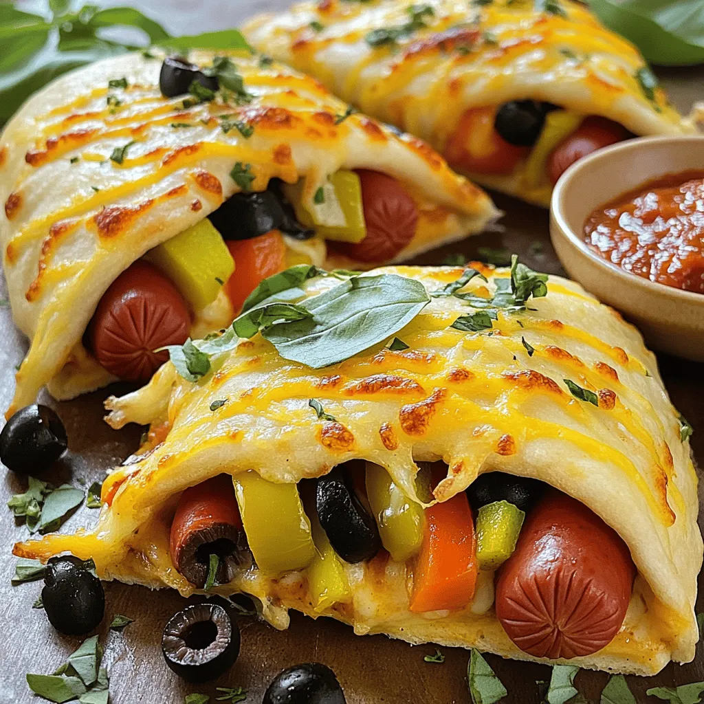 - 4 hot dog sausages - 1 large pizza dough (store-bought or homemade) - 1 cup shredded mozzarella cheese - 1/2 cup pizza sauce - 1/2 cup diced bell peppers (mixed colors) - 1/2 cup sliced black olives - 1 teaspoon dried oregano - 1 teaspoon garlic powder - 1 tablespoon olive oil - Salt and pepper to taste - Fresh basil leaves for garnish