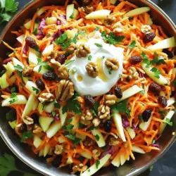 - 4 large carrots, grated - 1 cup red cabbage, finely shredded - 1/2 cup toasted walnuts, roughly chopped - 1/4 cup raisins - 1 small apple, julienned (preferably a tart variety like Granny Smith) - 2 tablespoons fresh parsley, chopped - 1/4 cup Greek yogurt - 2 tablespoons apple cider vinegar - 1 tablespoon honey - Salt and pepper to taste