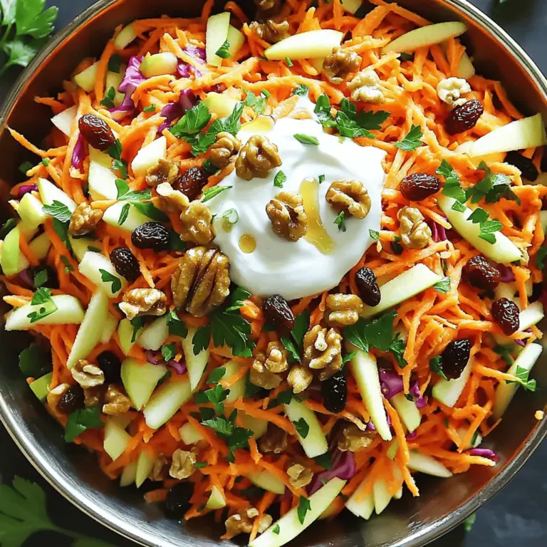 - 4 large carrots, grated - 1 cup red cabbage, finely shredded - 1/2 cup toasted walnuts, roughly chopped - 1/4 cup raisins - 1 small apple, julienned (preferably a tart variety like Granny Smith) - 2 tablespoons fresh parsley, chopped - 1/4 cup Greek yogurt - 2 tablespoons apple cider vinegar - 1 tablespoon honey - Salt and pepper to taste