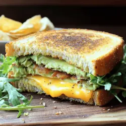 To make a tasty avocado bacon grilled cheese sandwich, gather these key ingredients: - 2 slices of sourdough bread - 1 ripe avocado, sliced - 4 slices of crispy cooked bacon - 2 slices of sharp cheddar cheese - 1 tablespoon butter, softened - 1 teaspoon garlic powder - Salt and pepper to taste